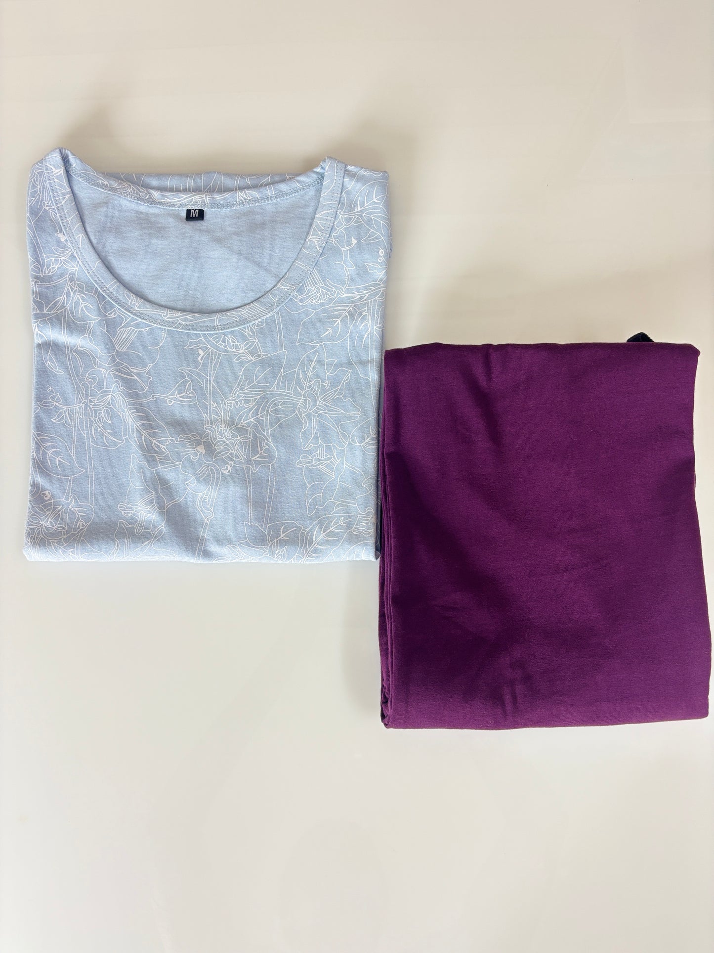 Light Blue Floral Line Print Women's T-Shirt with Palazzo
