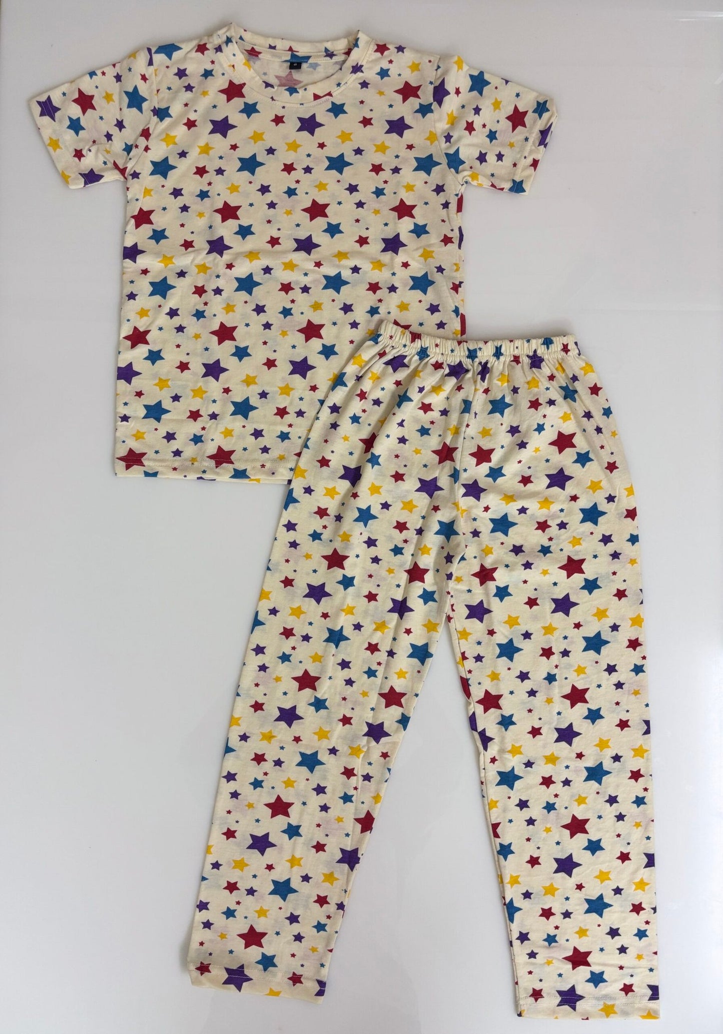 Cream Multicolor Stars Printed T-Shirt and Pant Co-ords
