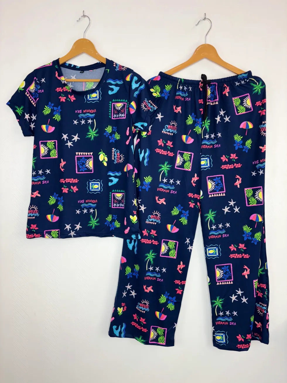 Spun Cotton Fabric Navy Blue with Objects Printed T-shirt and Palazzo Set