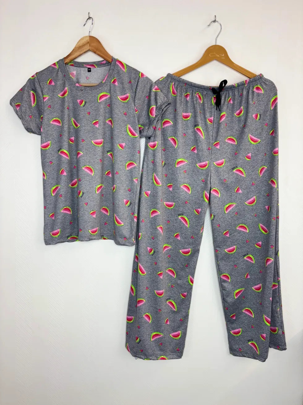 Spun Cotton Fabric Heather Gray Watermelon Printed T-shirt and Palazzo Set