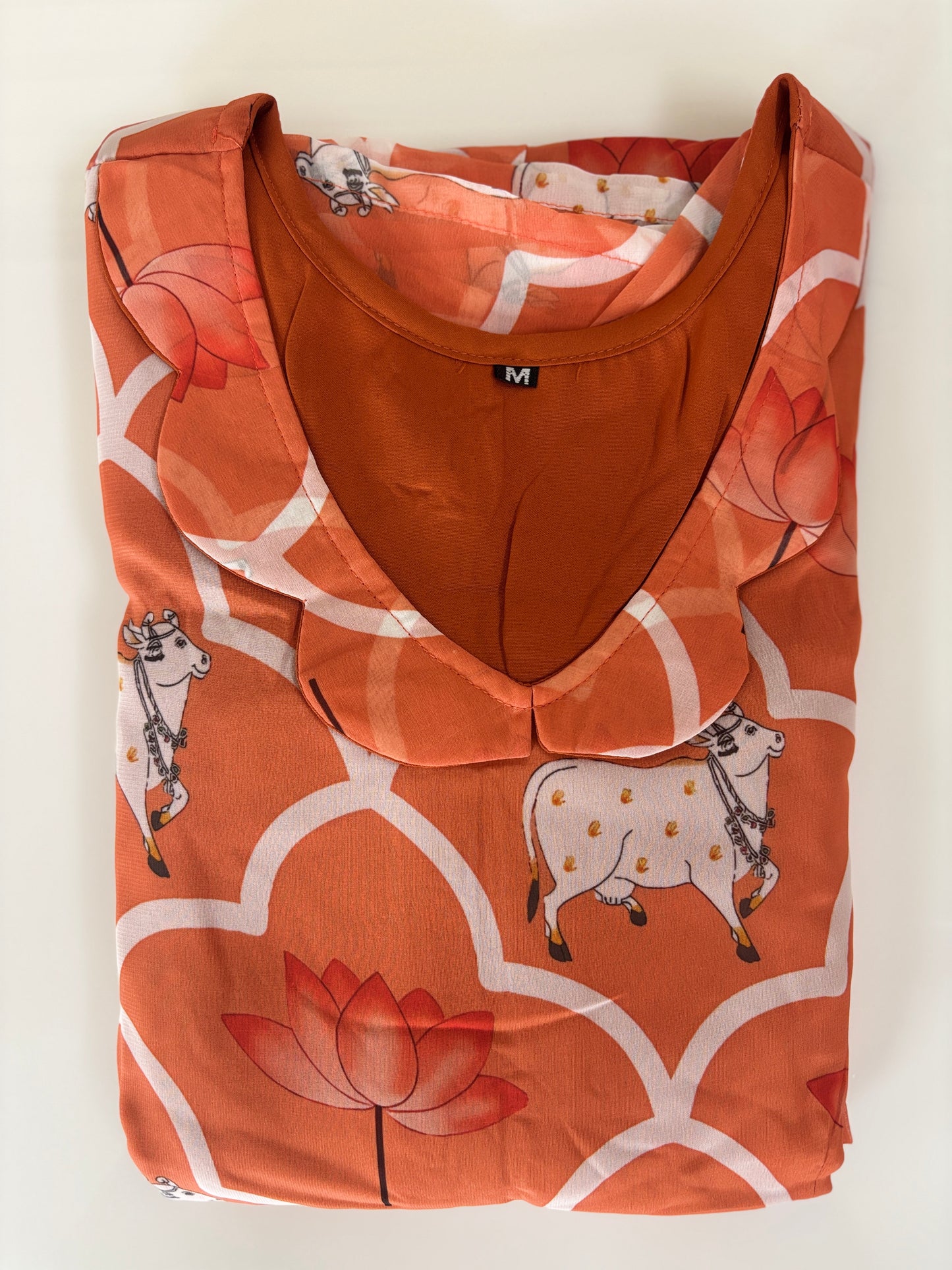 Peach Orange Floral & Sheep Print Georgette Non-Feeding Gown