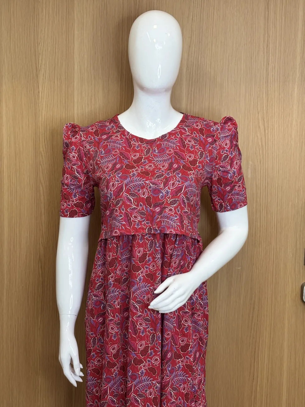 Red with Leafy Printed Feeding Puff Sleeve Maxi