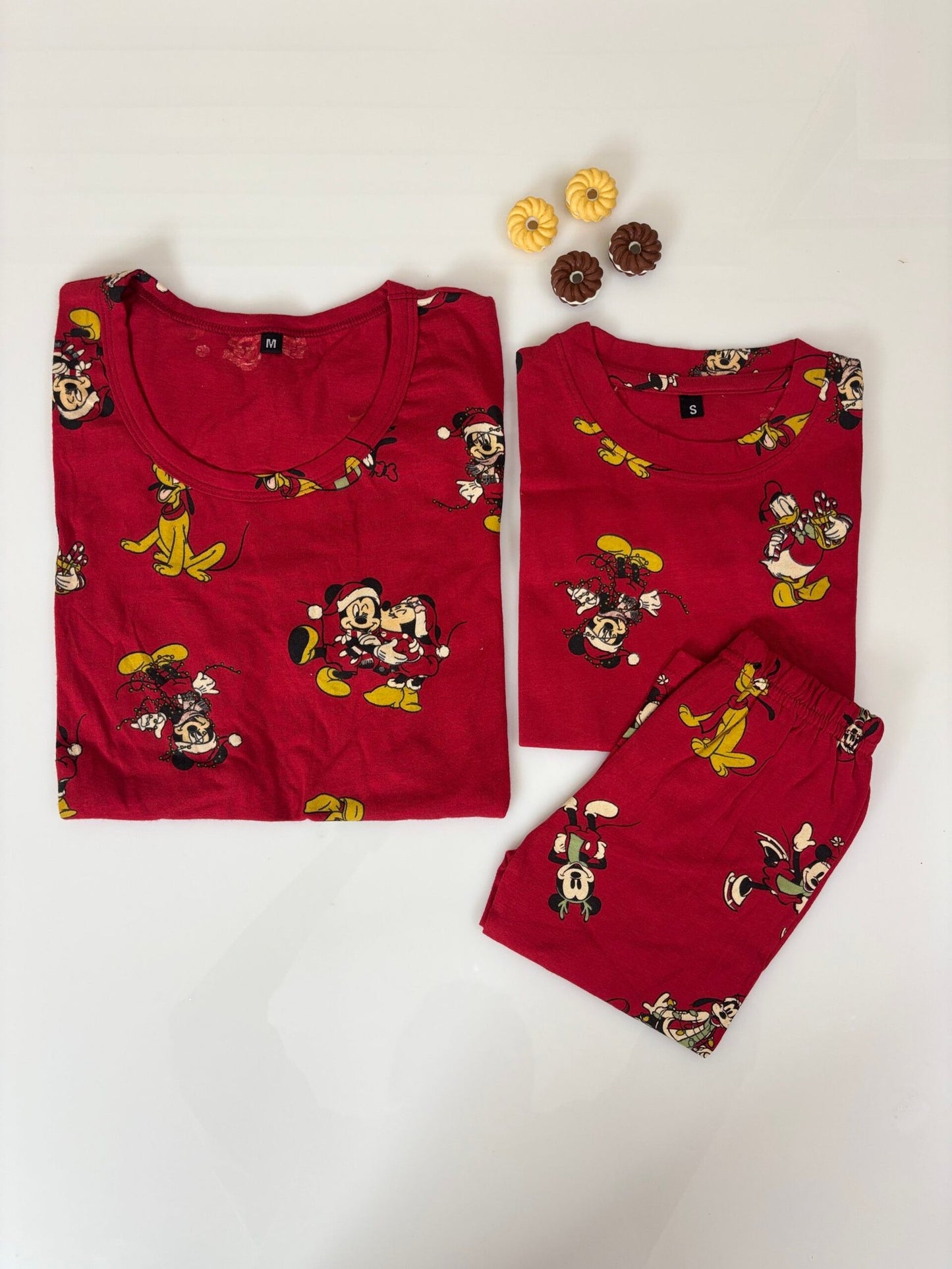 Red with Cartoon Charecters Printed Mom and Kid Twinning Combo Set