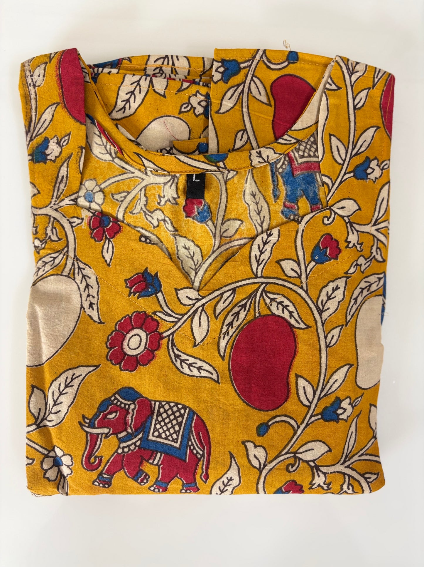 Kalamkari Mustard Ochre Royal Elephant & Pomegranate Cotton Frock