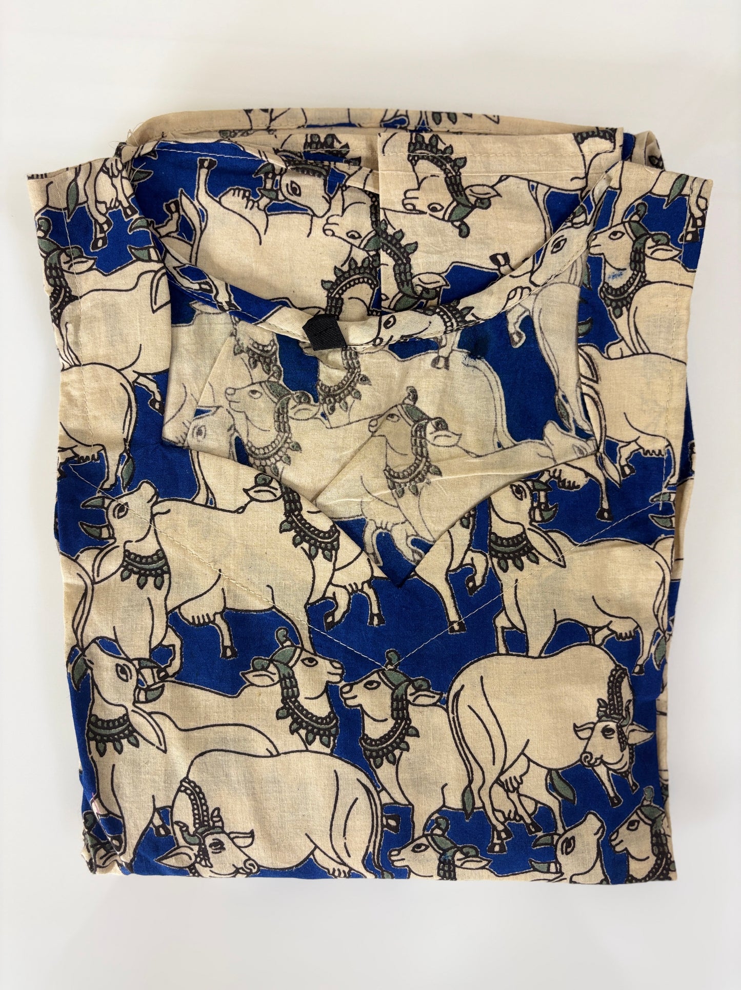 Kalamkari Beige & Royal Blue Animal Print Cotton Frock