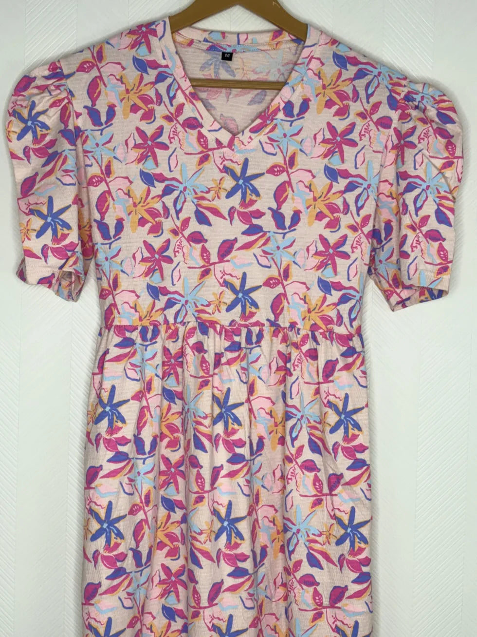 Cream with Pinky Floral Printed V-Neck Lounge Frock