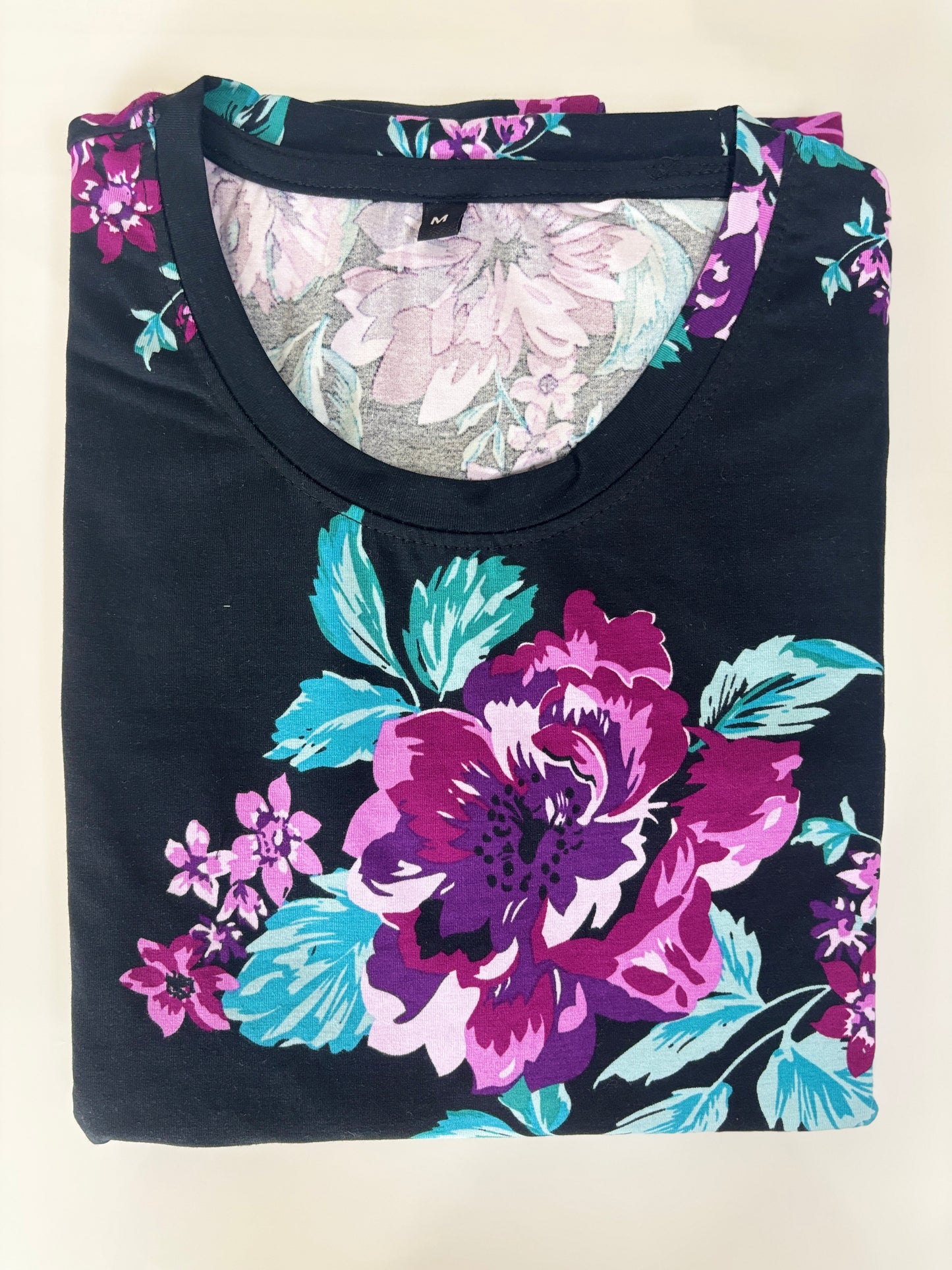 Midnight Black Vintage Rose Floral Lounge Tunic