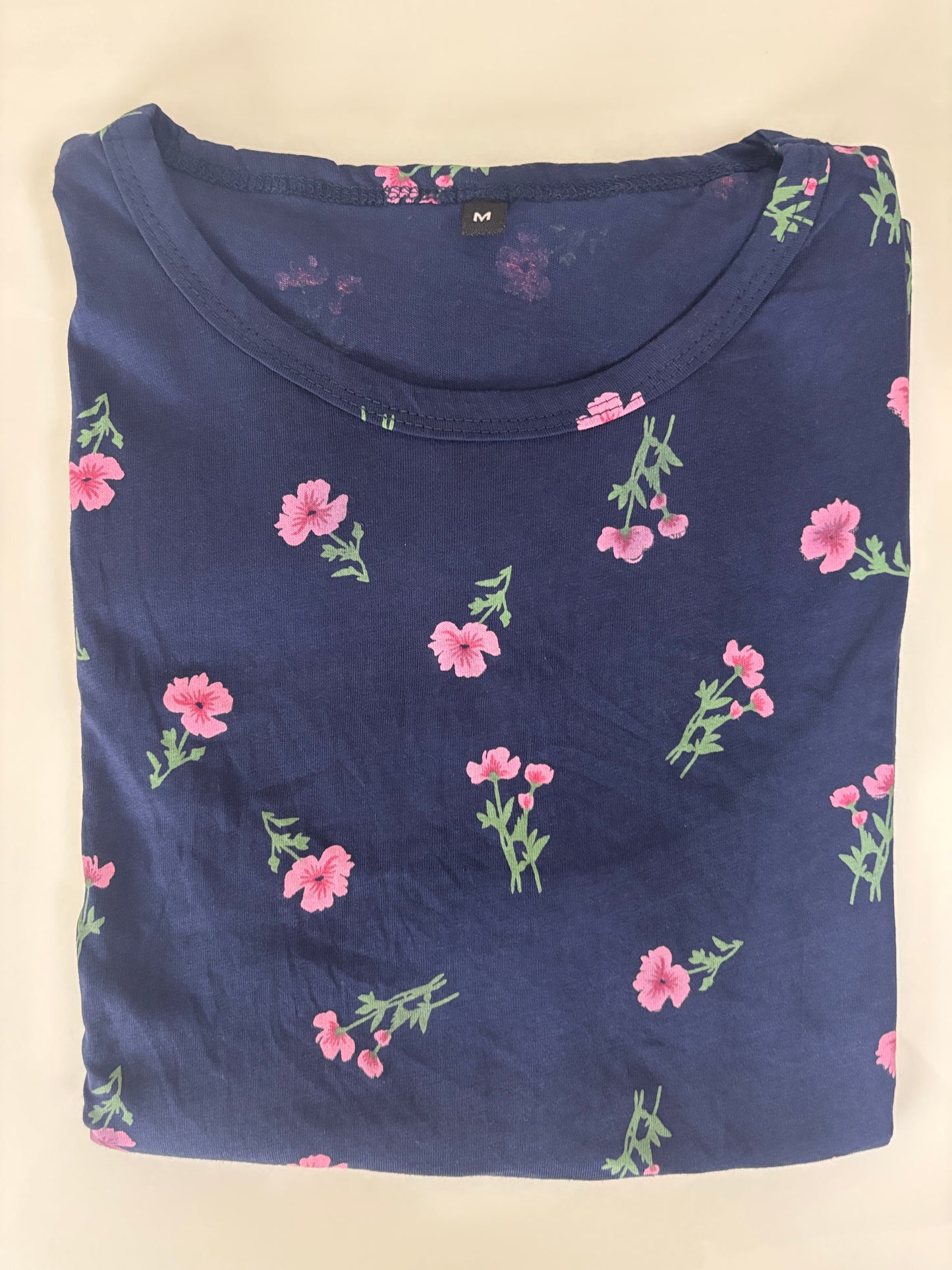 Navy Blue Pink Ditsy Floral Print Feeding Maternity T-Shirt