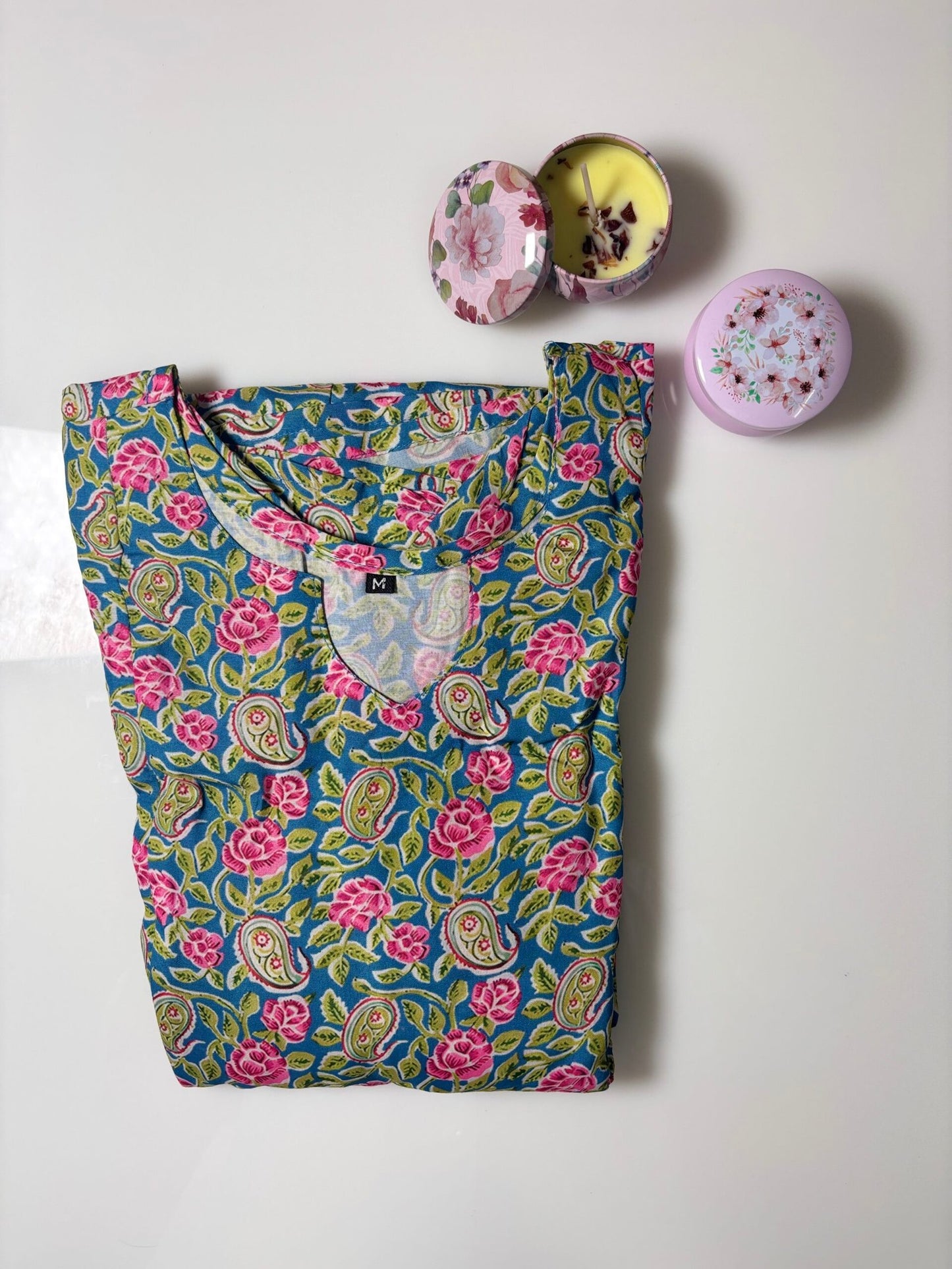 Blue and Green Paisley Printed Feeding Blended Cotton Frock With Zip