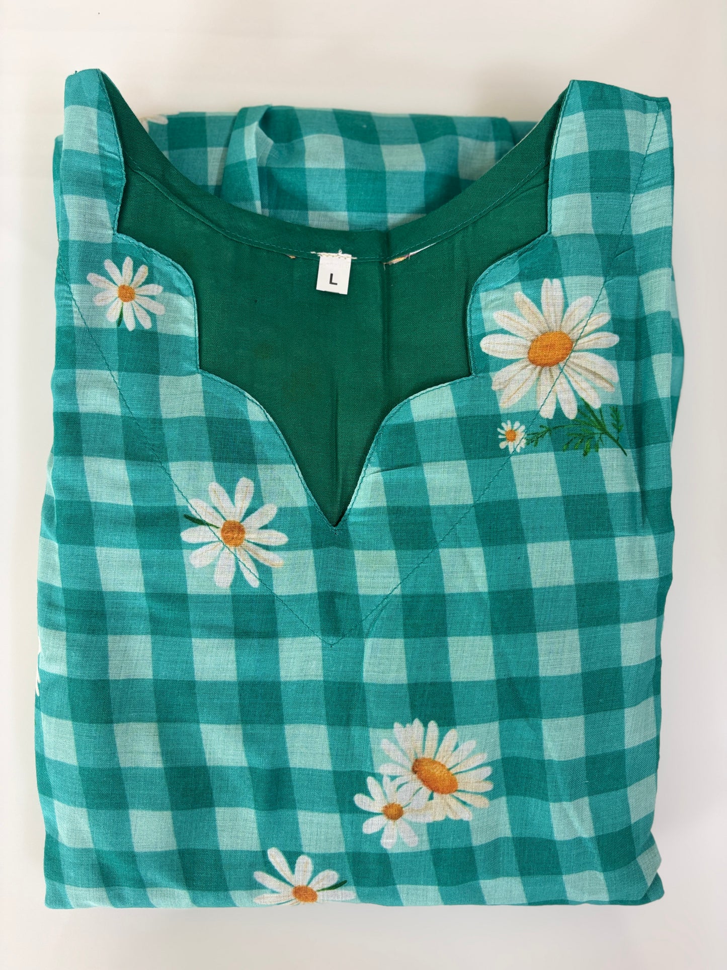 Mul Cotton Fabric Aqua Green Flower Check Print Non-Feeding Maternity Maxi