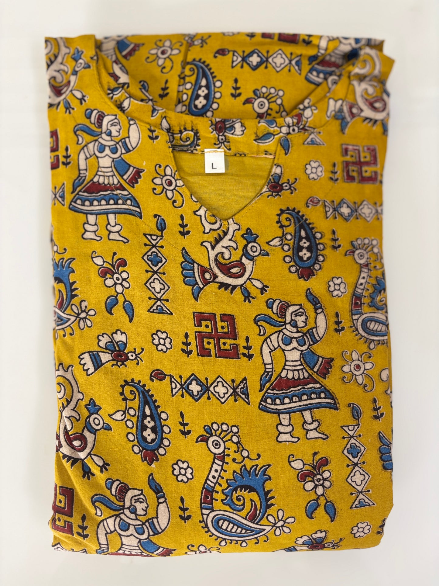 Mul Cotton Fabric Mustard Yellow Folk Art Kalamkari Print Non-Feeding Maternity Maxi