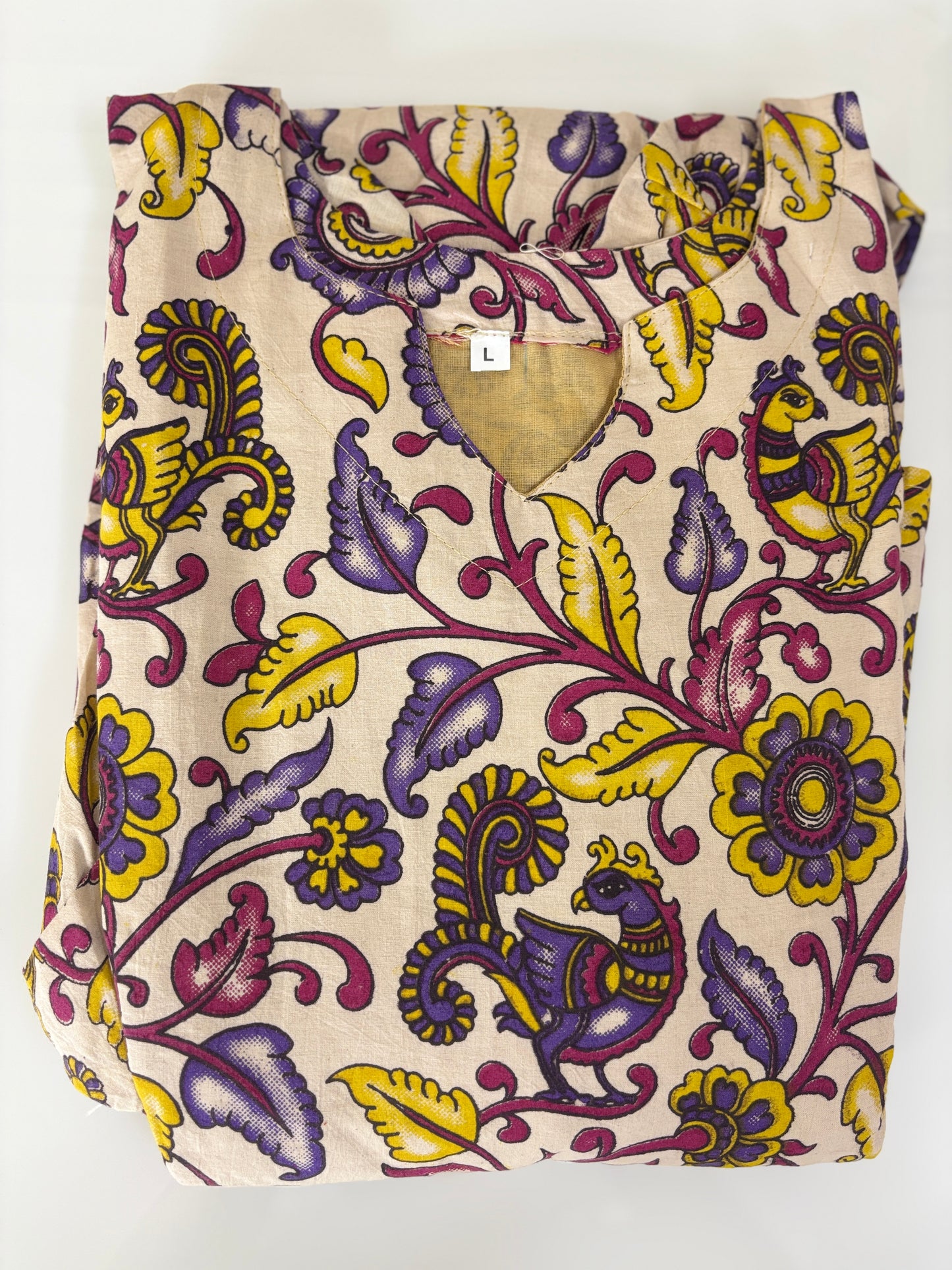 Mul Cotton Fabric Beige Kalamkari Peacock Print Non Feeding Maxi