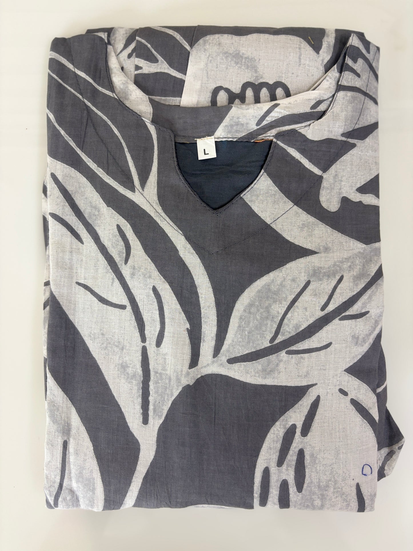 Mul Cotton Fabric Grey Tropical Leaf Print Non Feeding Maxi