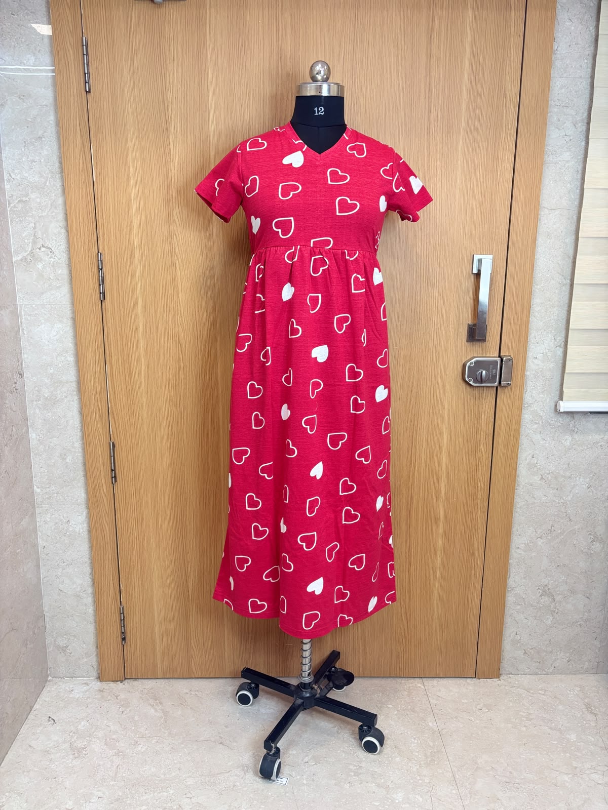 Cherry Red Heart Print Cotton Hosiery Feeding Maxi