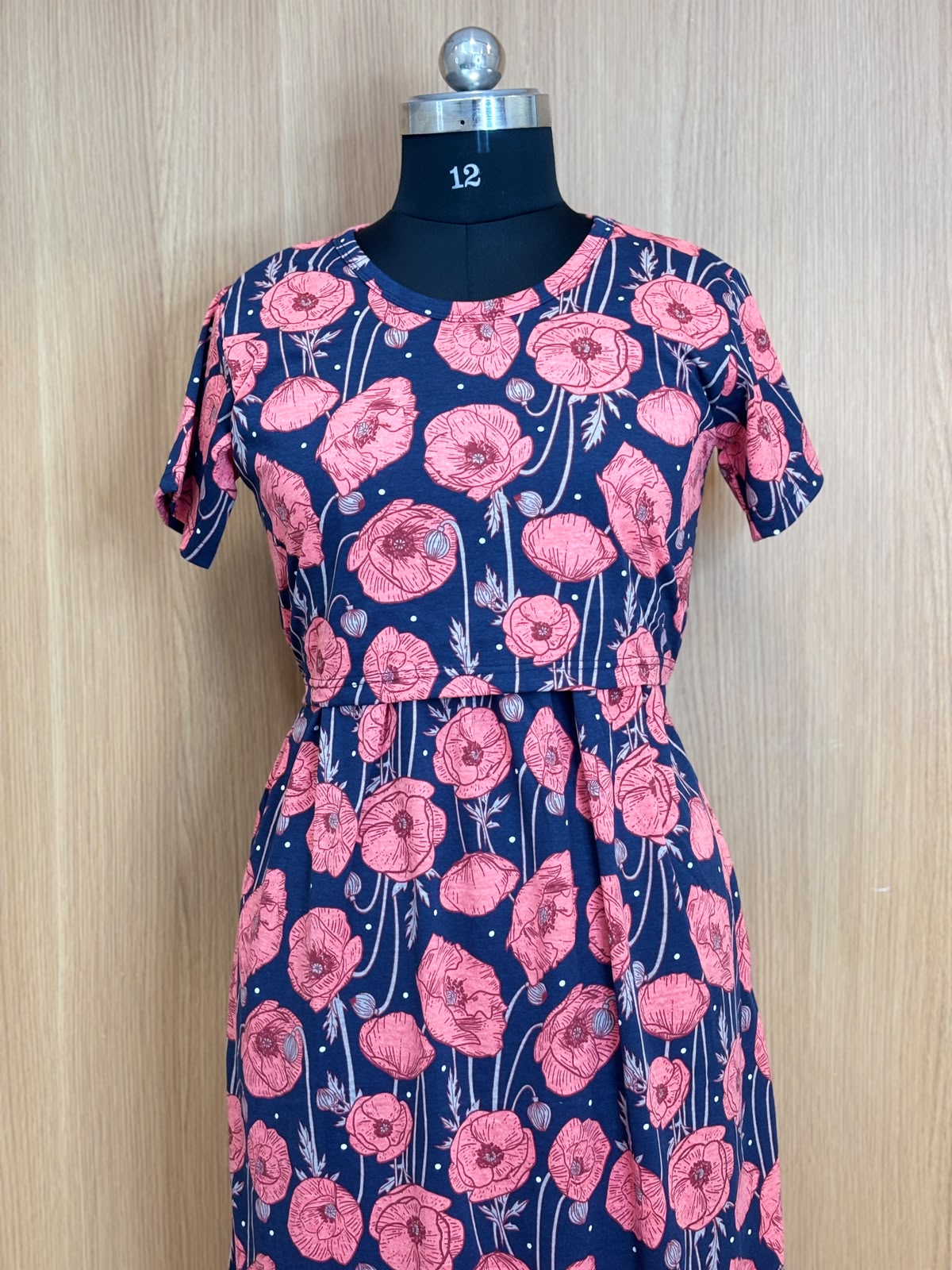 Navy Blue Coral Floral Print Cotton Hosiery Feeding Maxi