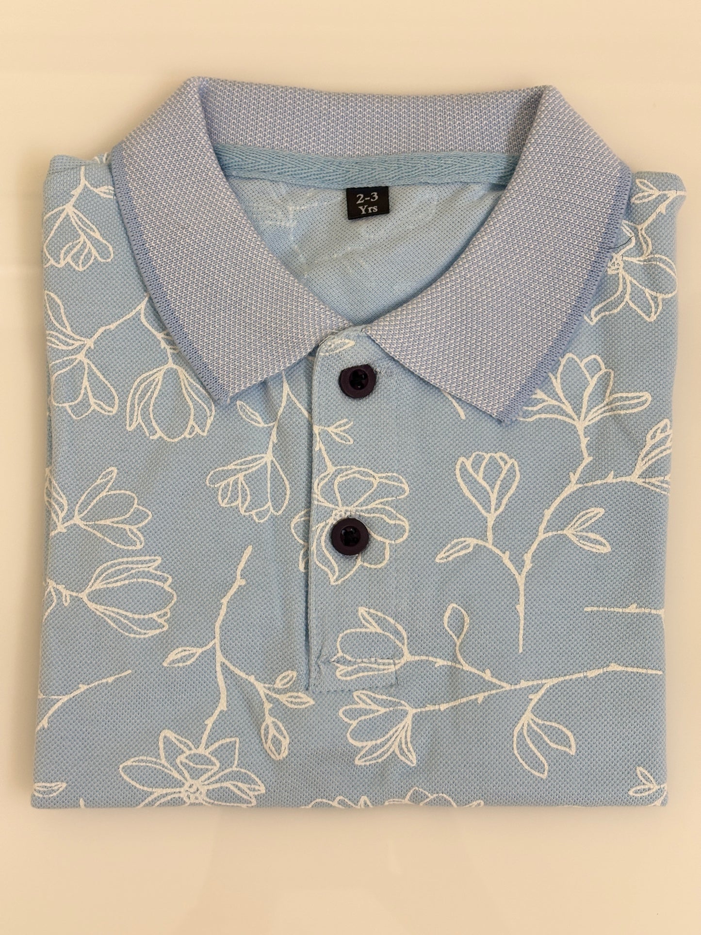 Powder Blue Floral Print Kids Polo Collar T-Shirt