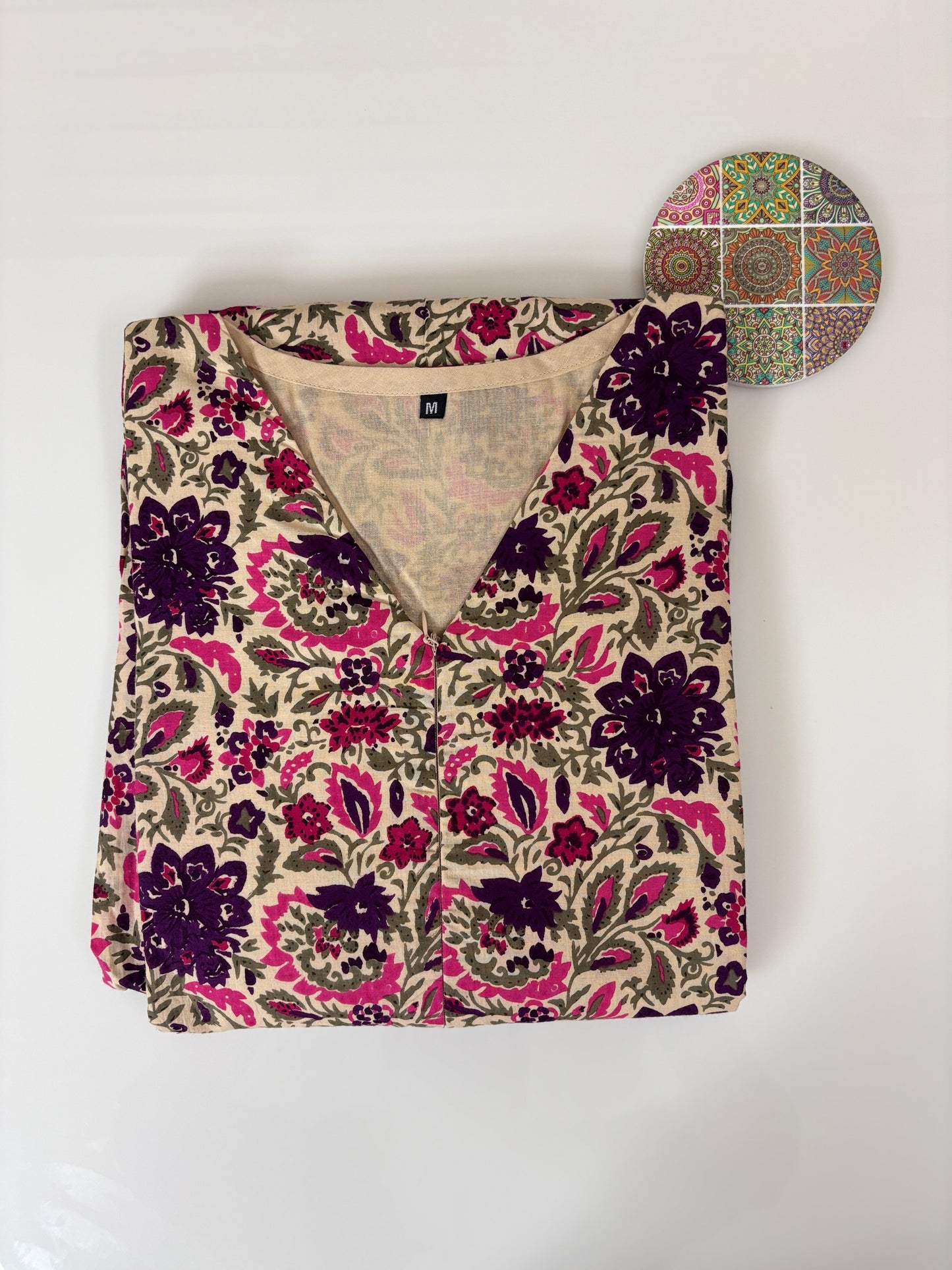 Beige Pink Purple Floral Printed Cotton Maxi