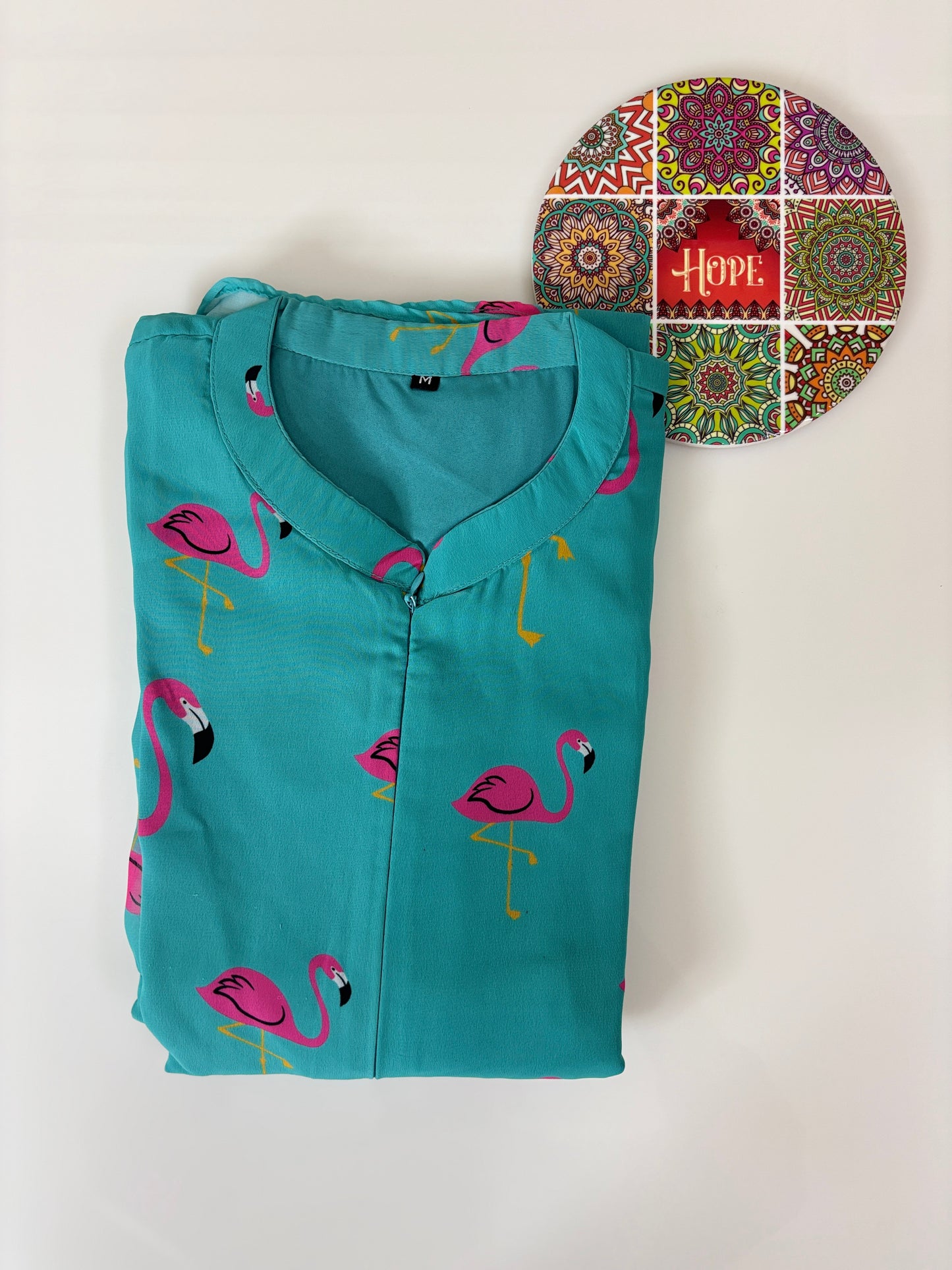 Turquoise Blue Flamingo Printed Georgette Center Zip Maxi