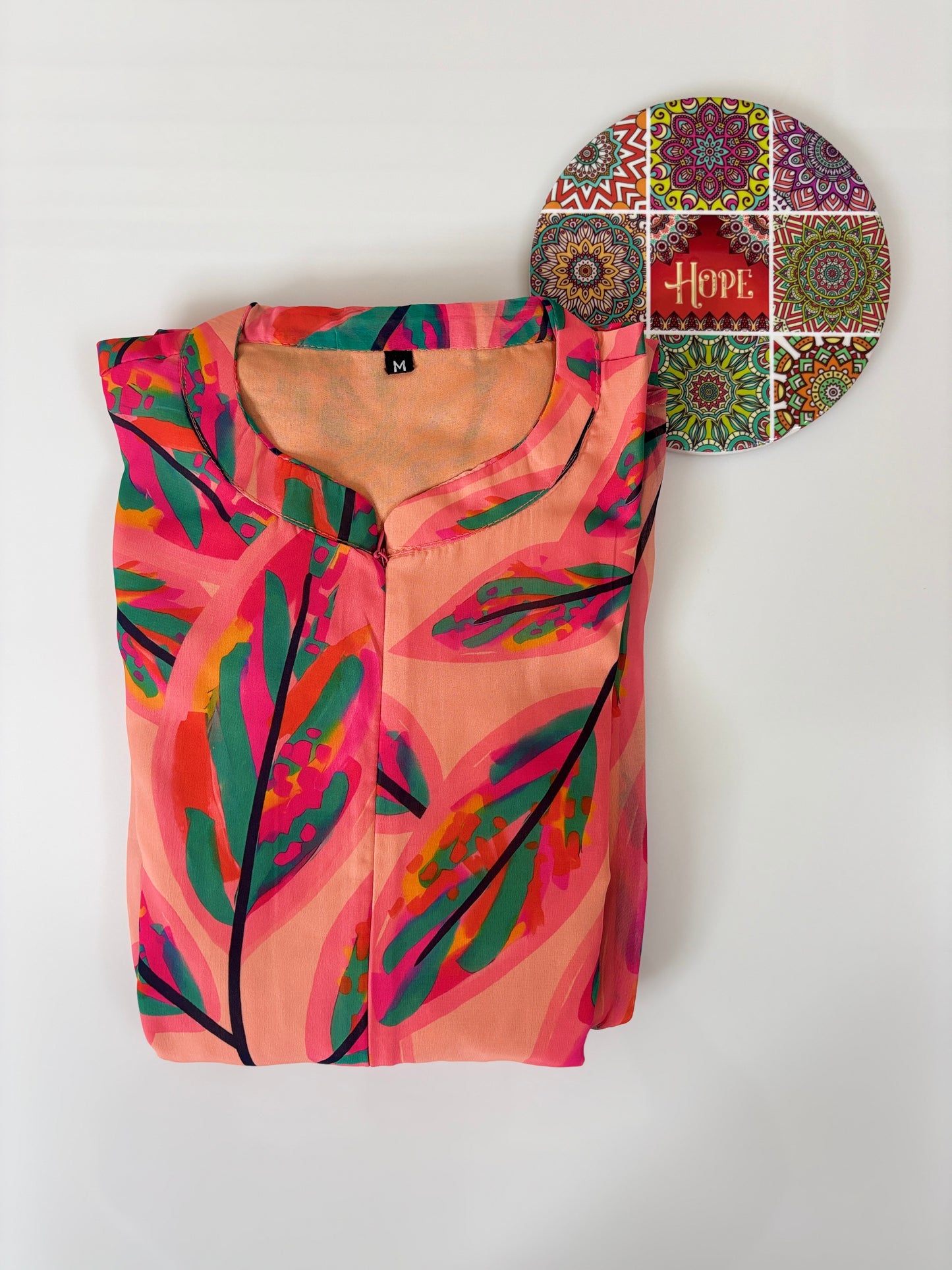 Peach Tropical Leaf Printed Georgette Center Zip Maxi