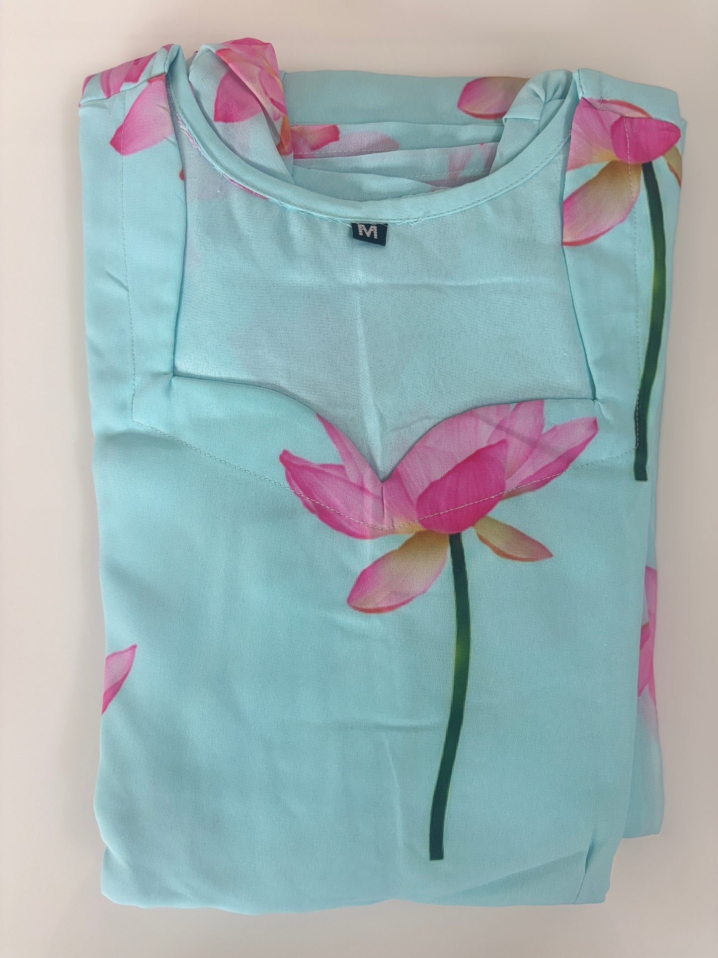 Aqua Blue Pink Lotus Floral Non-Feeding Georgette Maxi