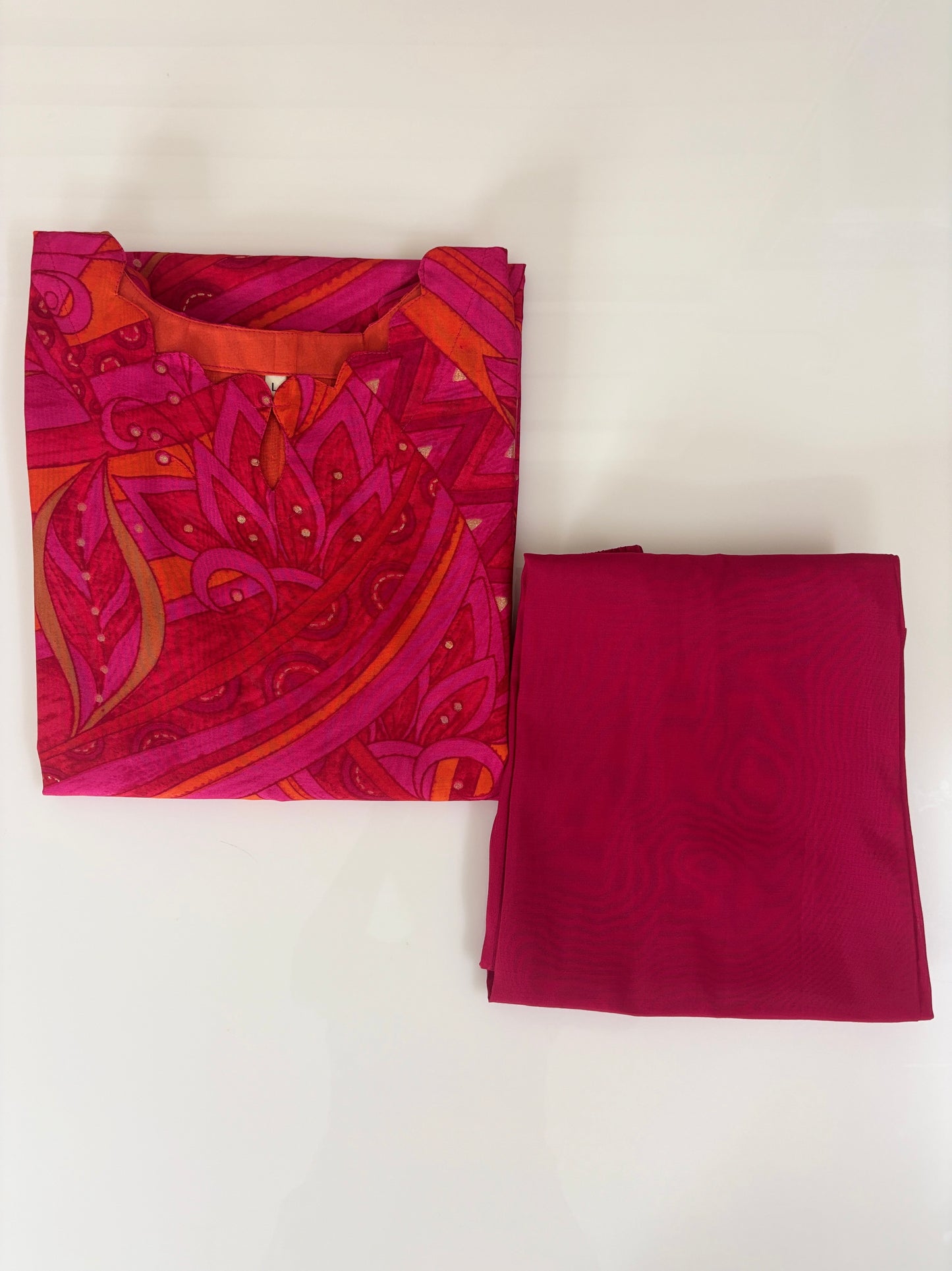Chanderi Cotton Kurti with Silk Pant Ruby Pink Abstract Paisley