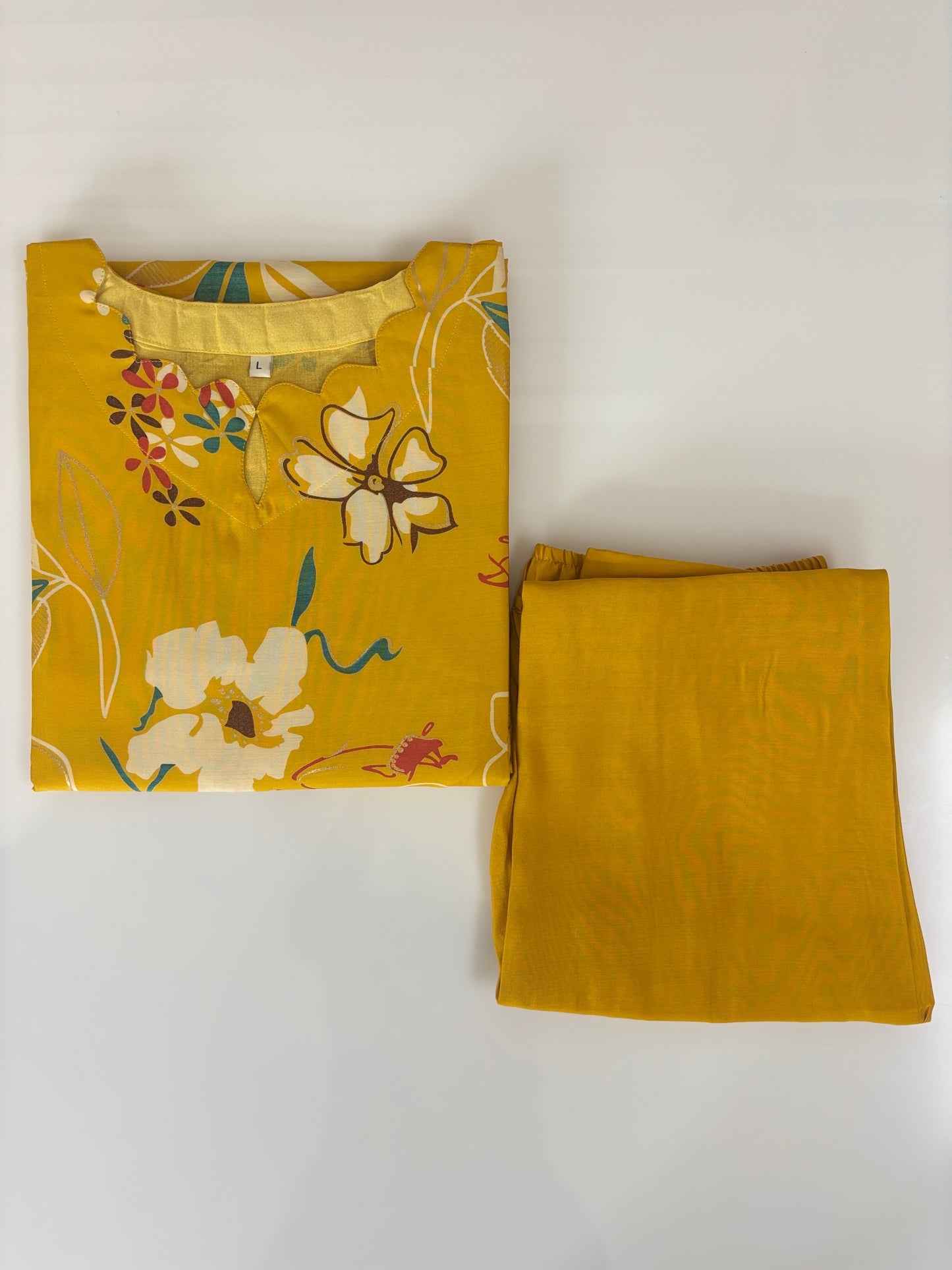 Chanderi Cotton Kurti with Silk Pant Mustard Yellow Floral Garden Kurta