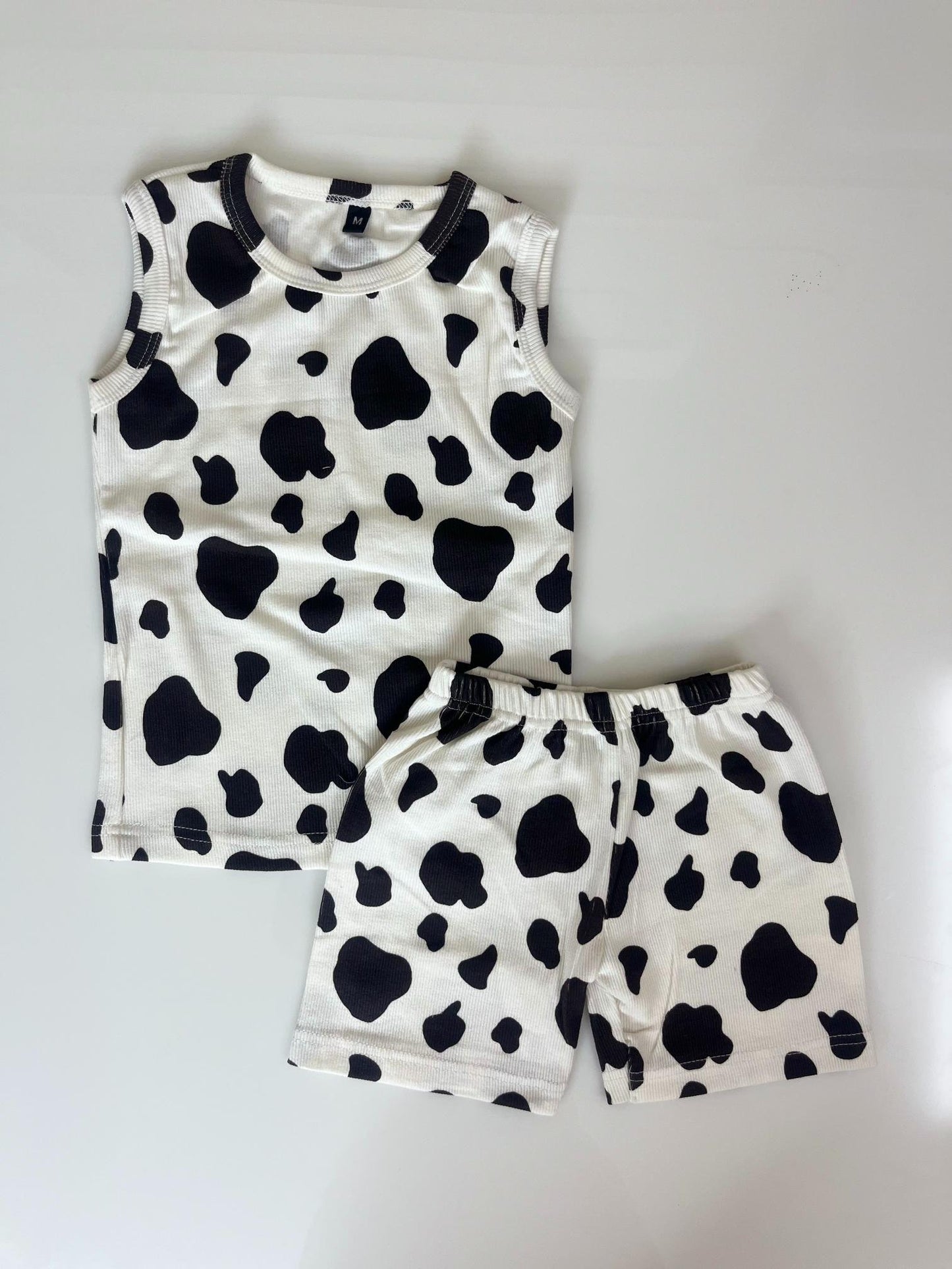 White with Black Cow Printed Sleeveless Kids Co-ords