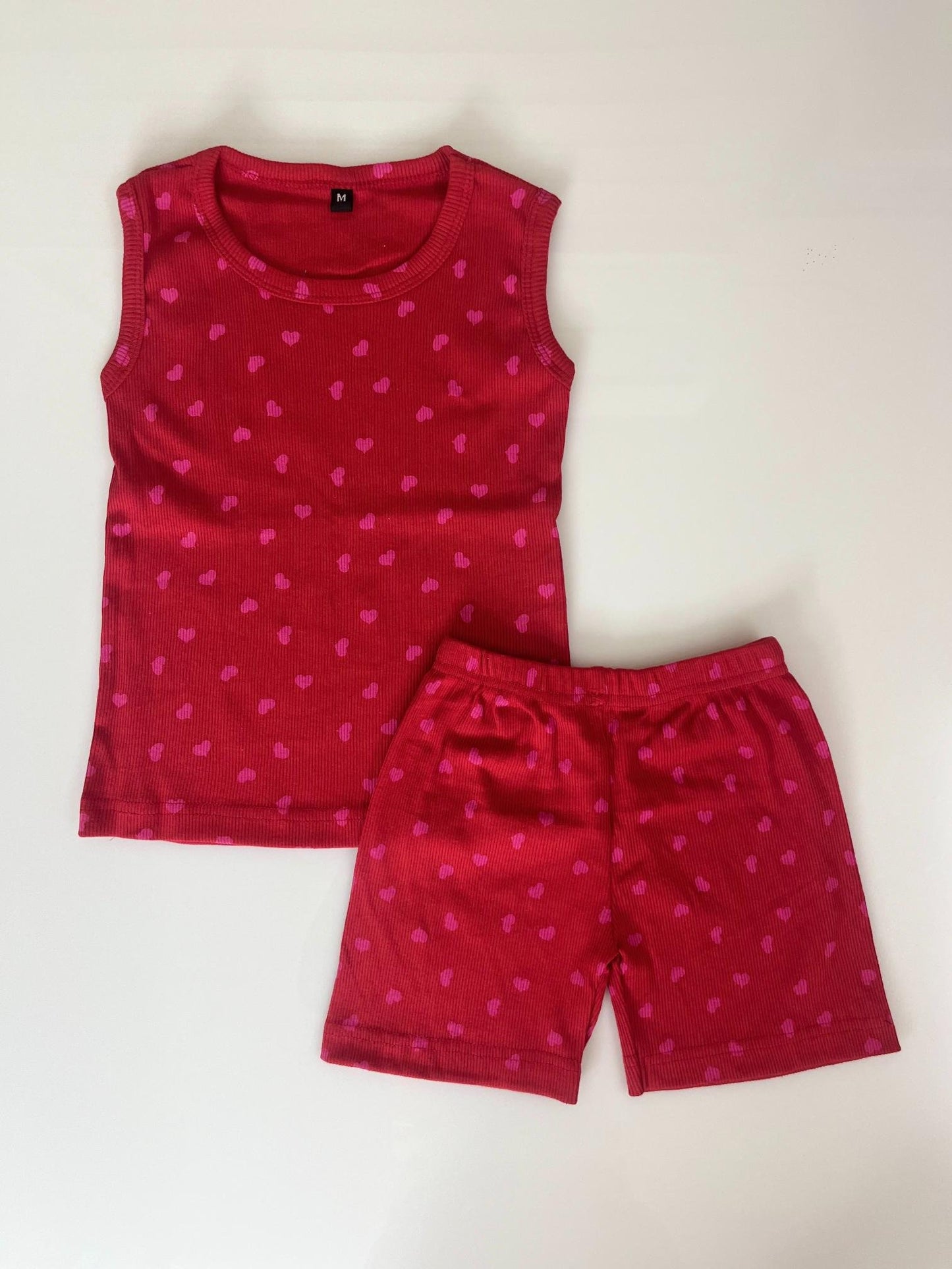 Red with Pink Hearts Printed Sleeveless Kids Co-ords