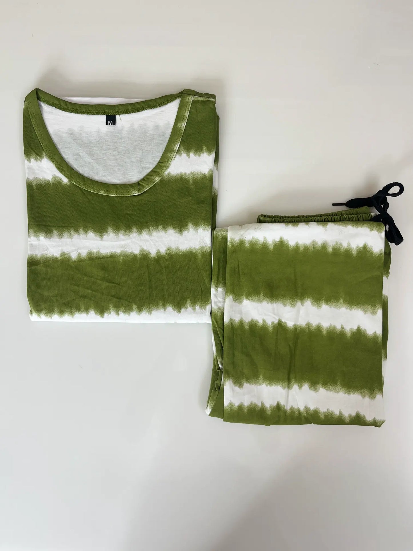 Olive Green and White Tie-Dye Printed T-shirt with Combo Pant Set