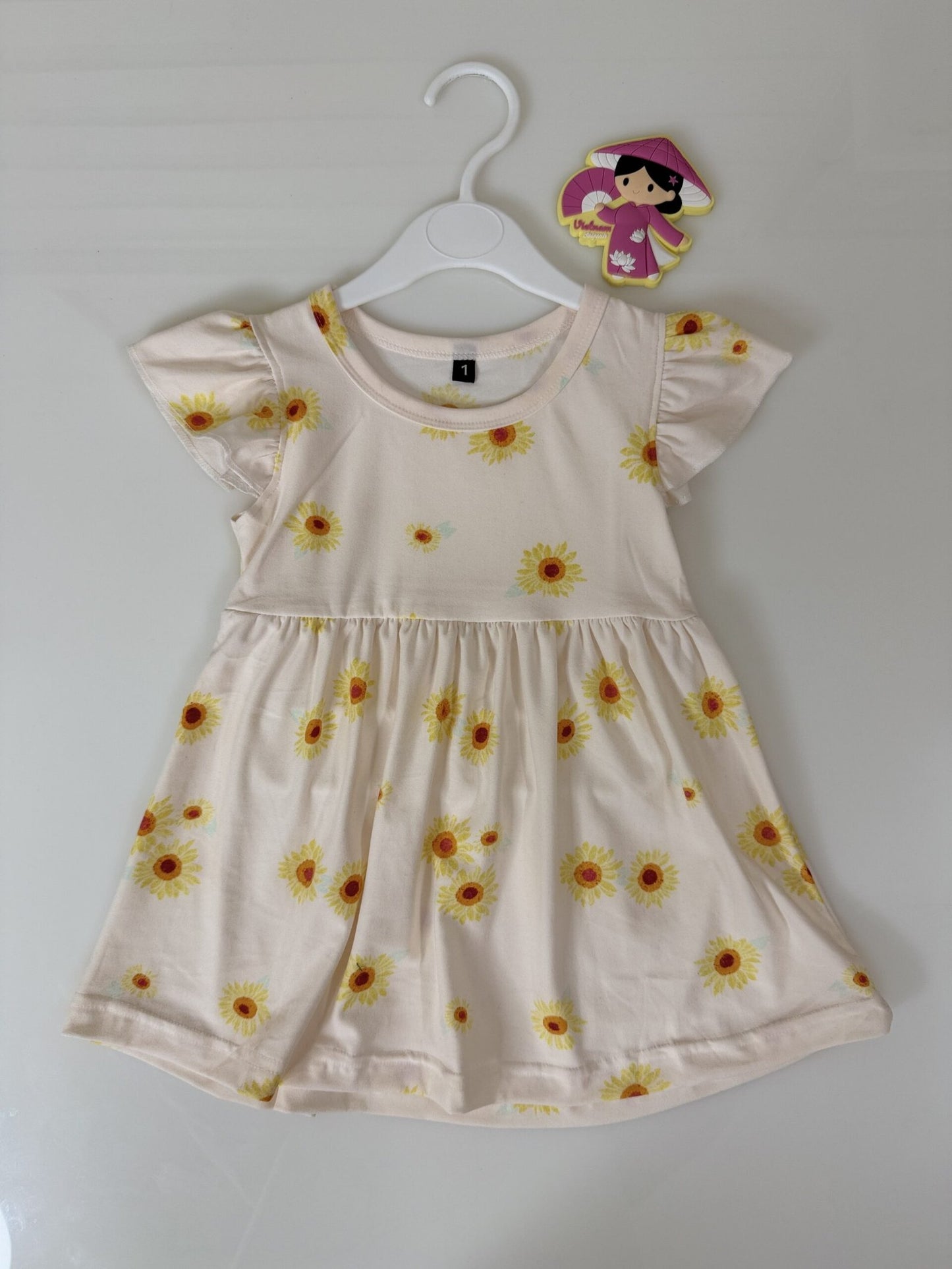 Off White Sunflower Printed Kids Frock
