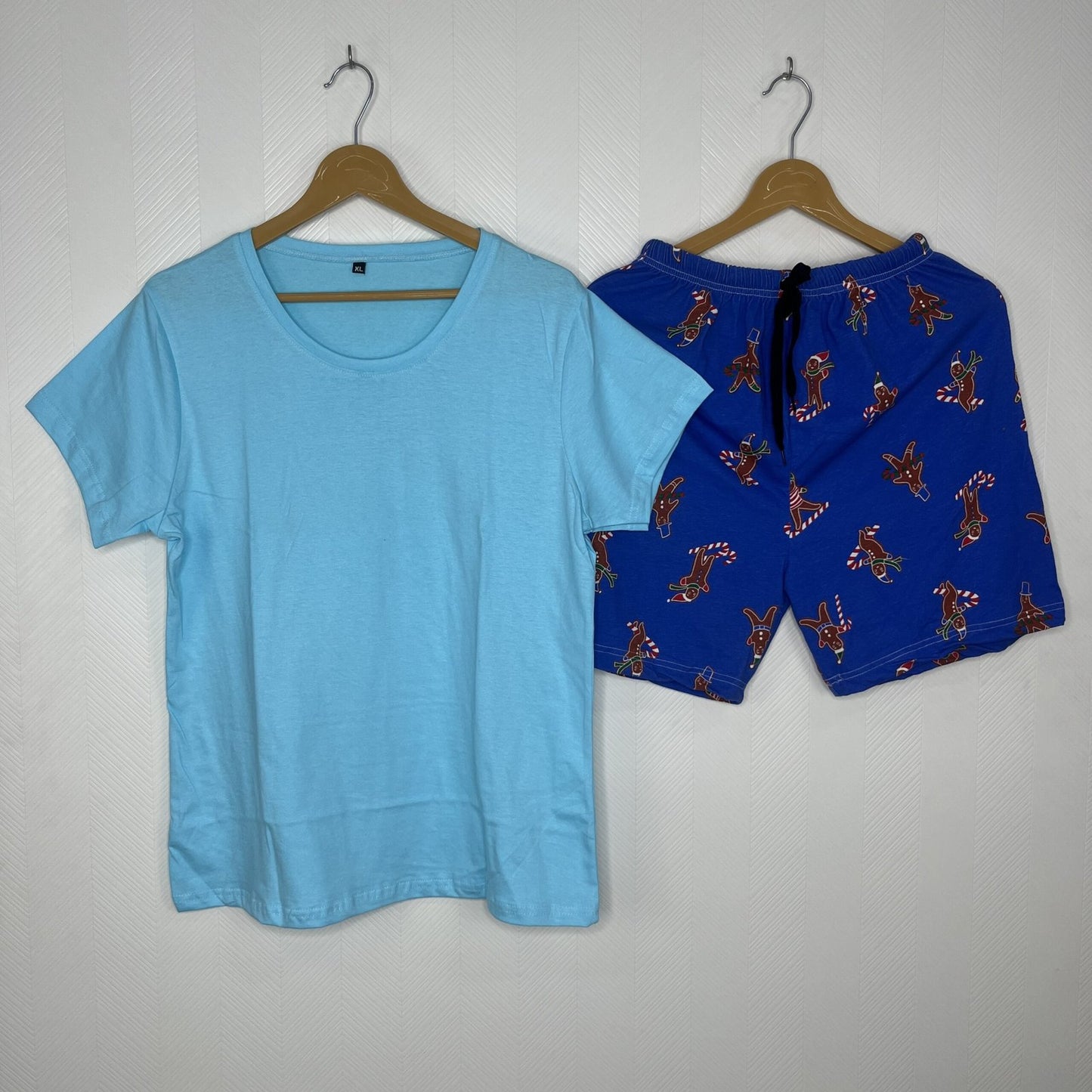 Sky Blue Solid T-Shirt with Royal Blue Gingerbread Printed Shorts Co-Ord Set