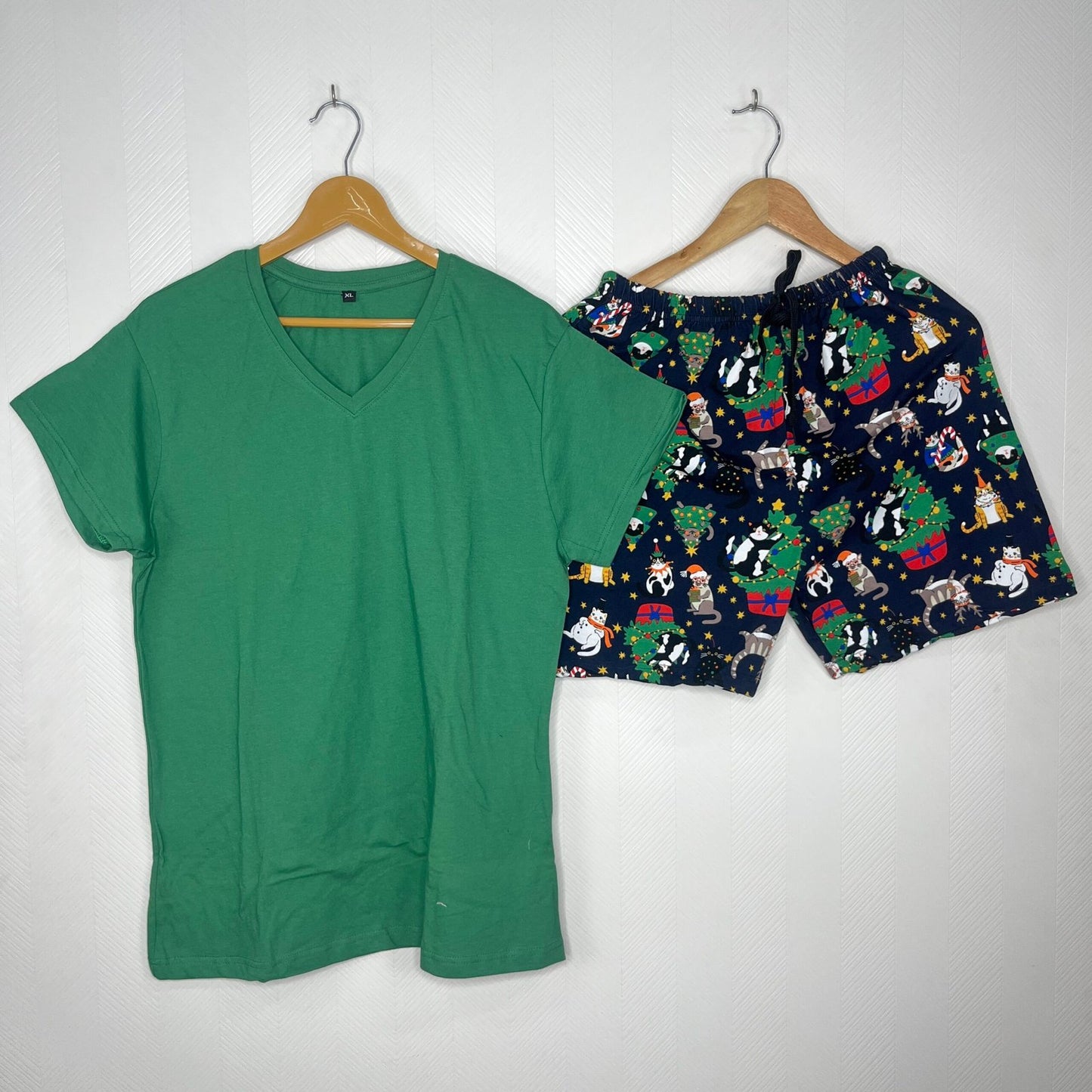 Green Solid V-Neck T-Shirt with Navy Christmas Cat Printed Shorts Co-Ord Set