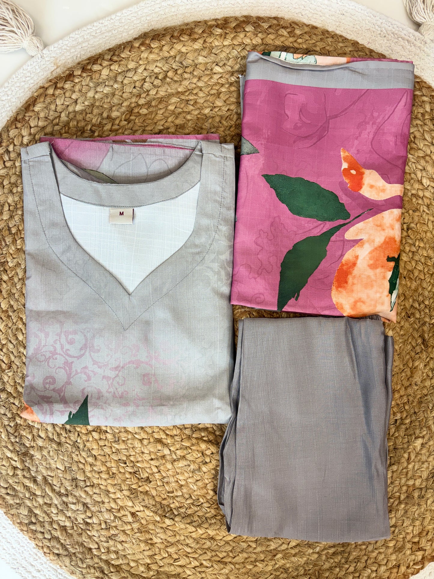 Dusty Mauve & Grey Floral Blended Cotton digital print 3 piece kurta set