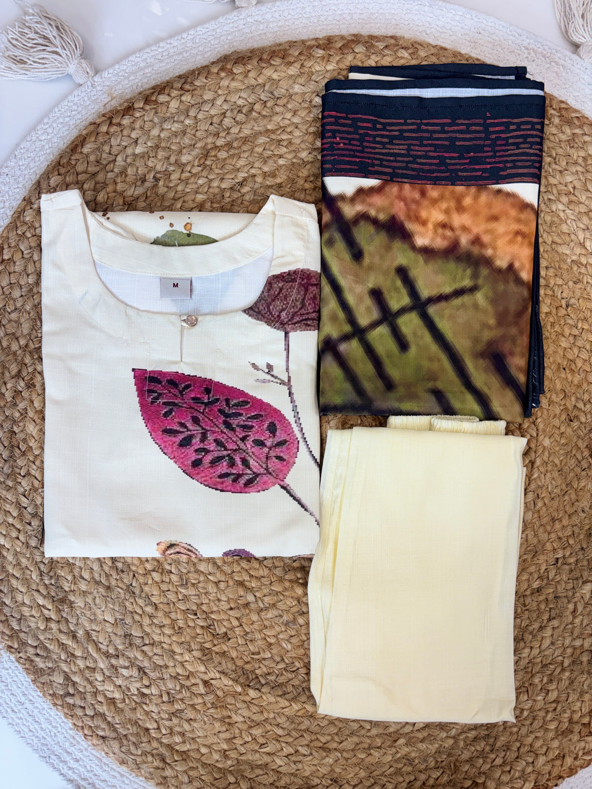 Ivory Cream Abstract Botanical Print Blended Cotton digital print 3 piece kurta set