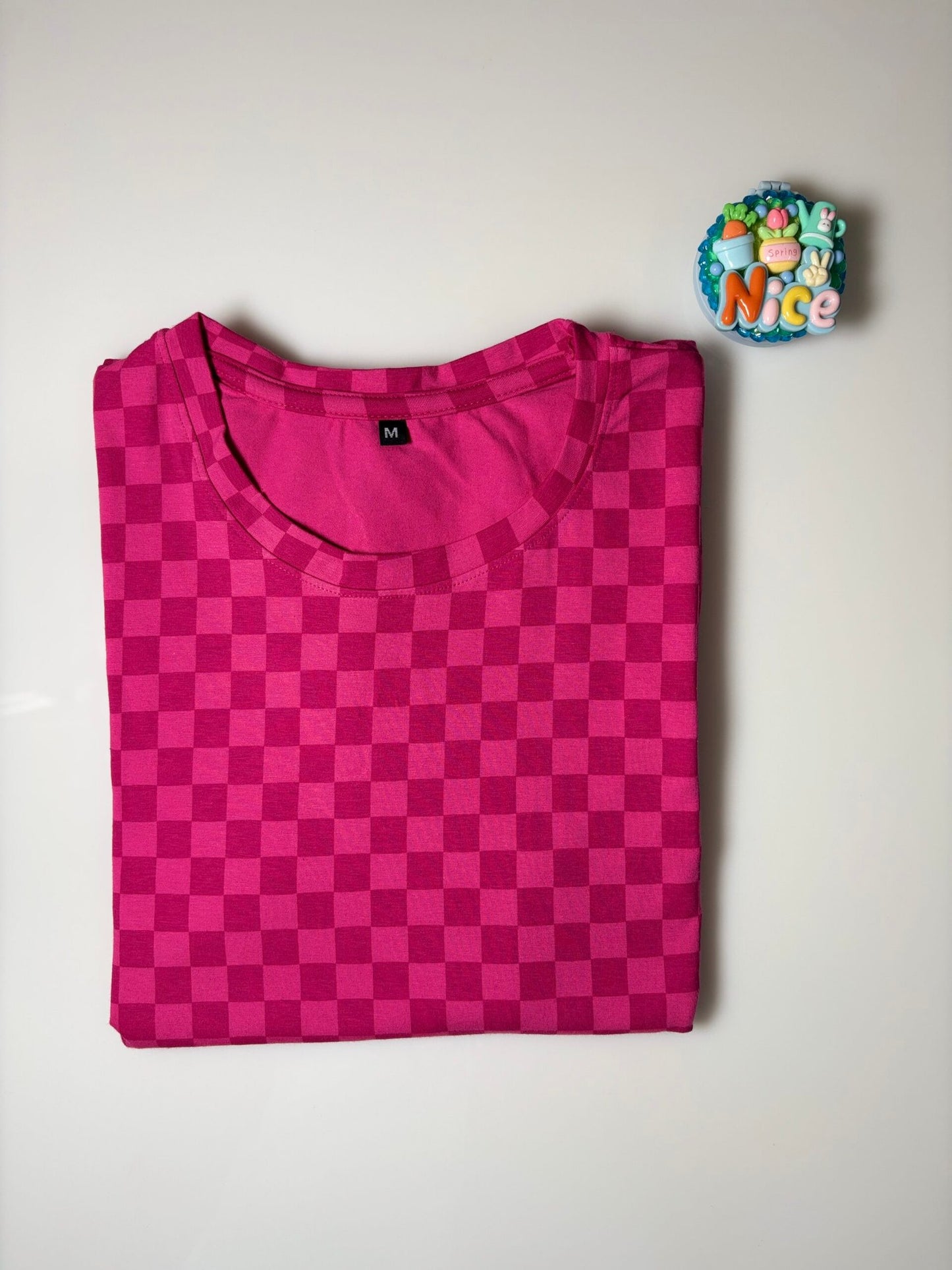 Dark Pink and Gingham Printed Round Neck Long Tunic