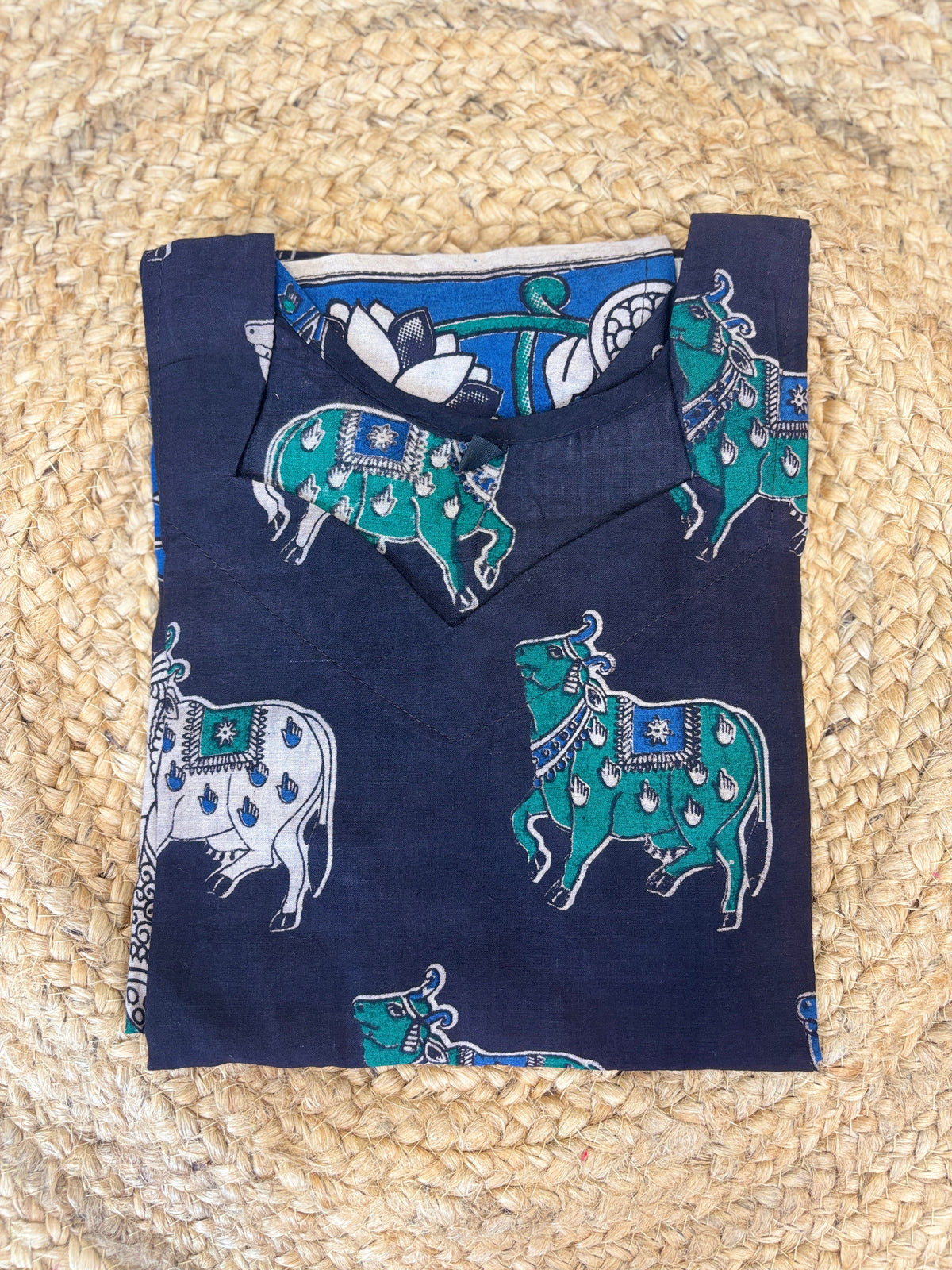 Navy Blue Kalamkari Cow & Folk Art Print Kurti Top