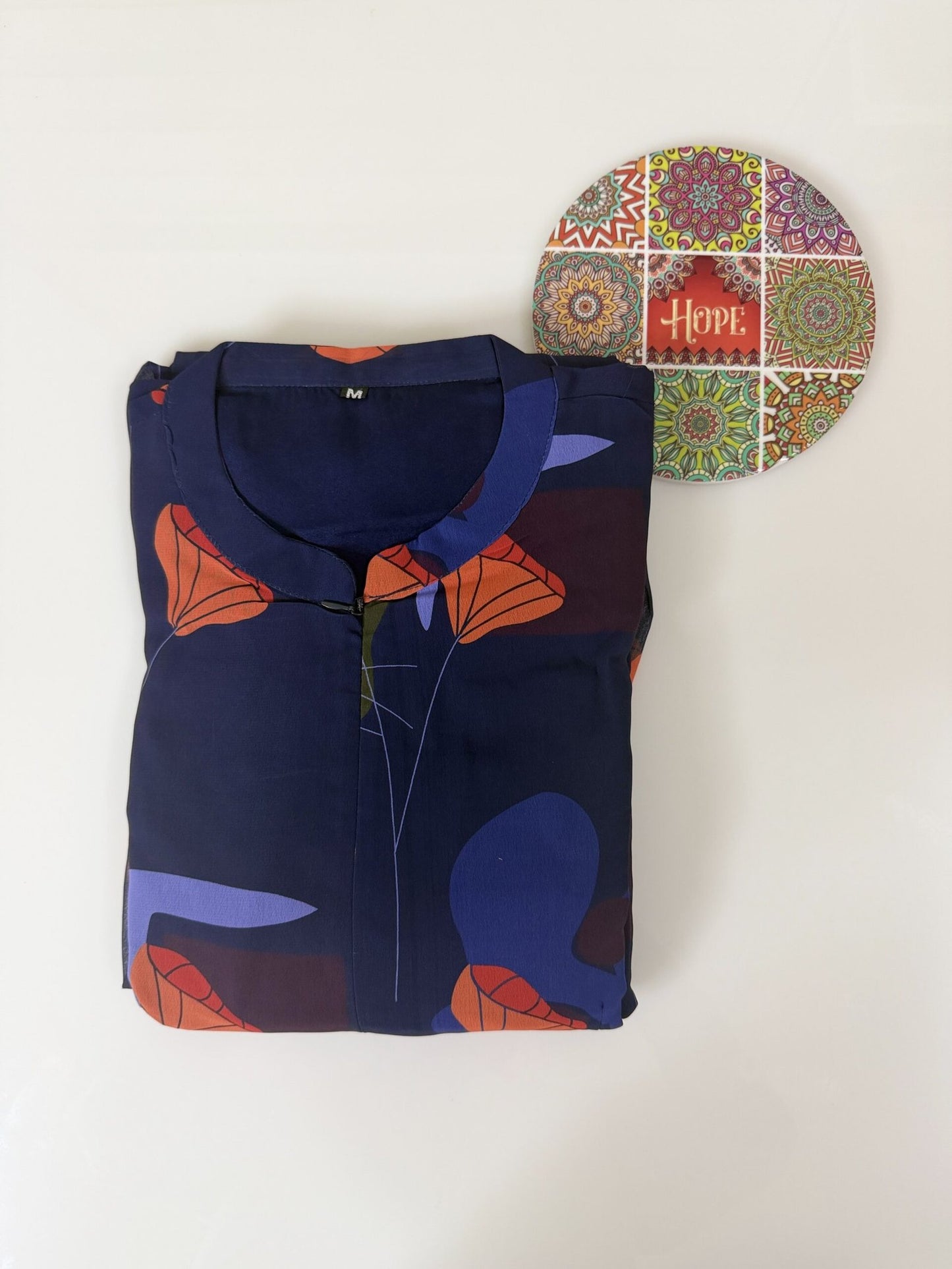 Navy Blue with Orange Floral Printed Georgette Center Zip Maxi