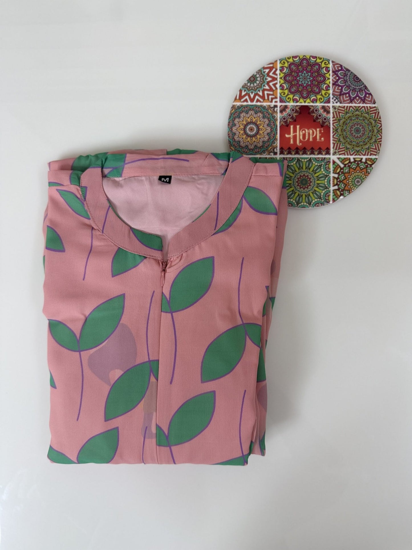 Baby Pink with Leafy Printed Georgette Center Zip Maxi