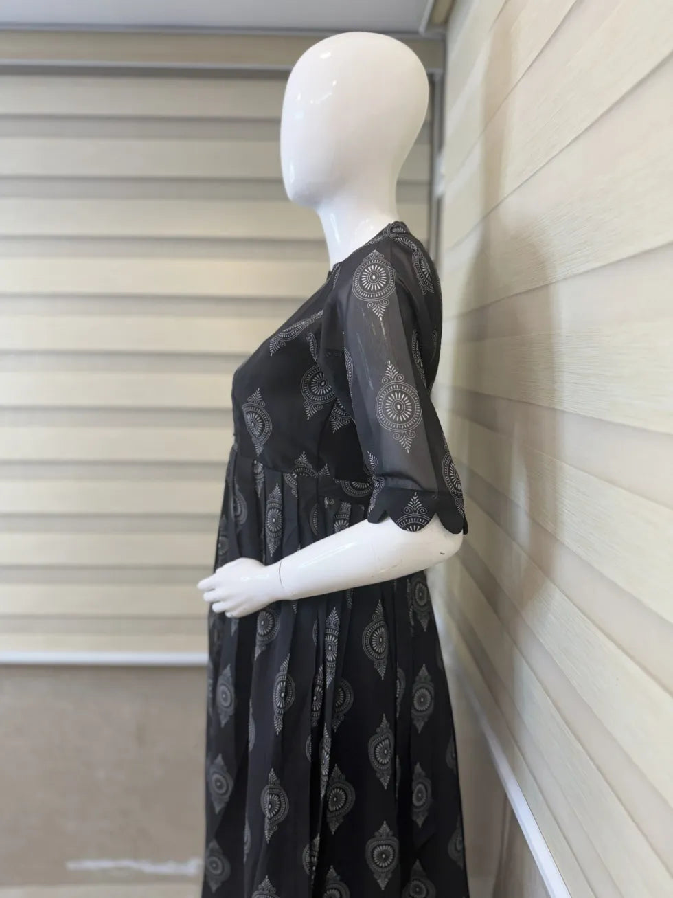 Black with Unique Motifs Printed Georgette Center Zip Maxi