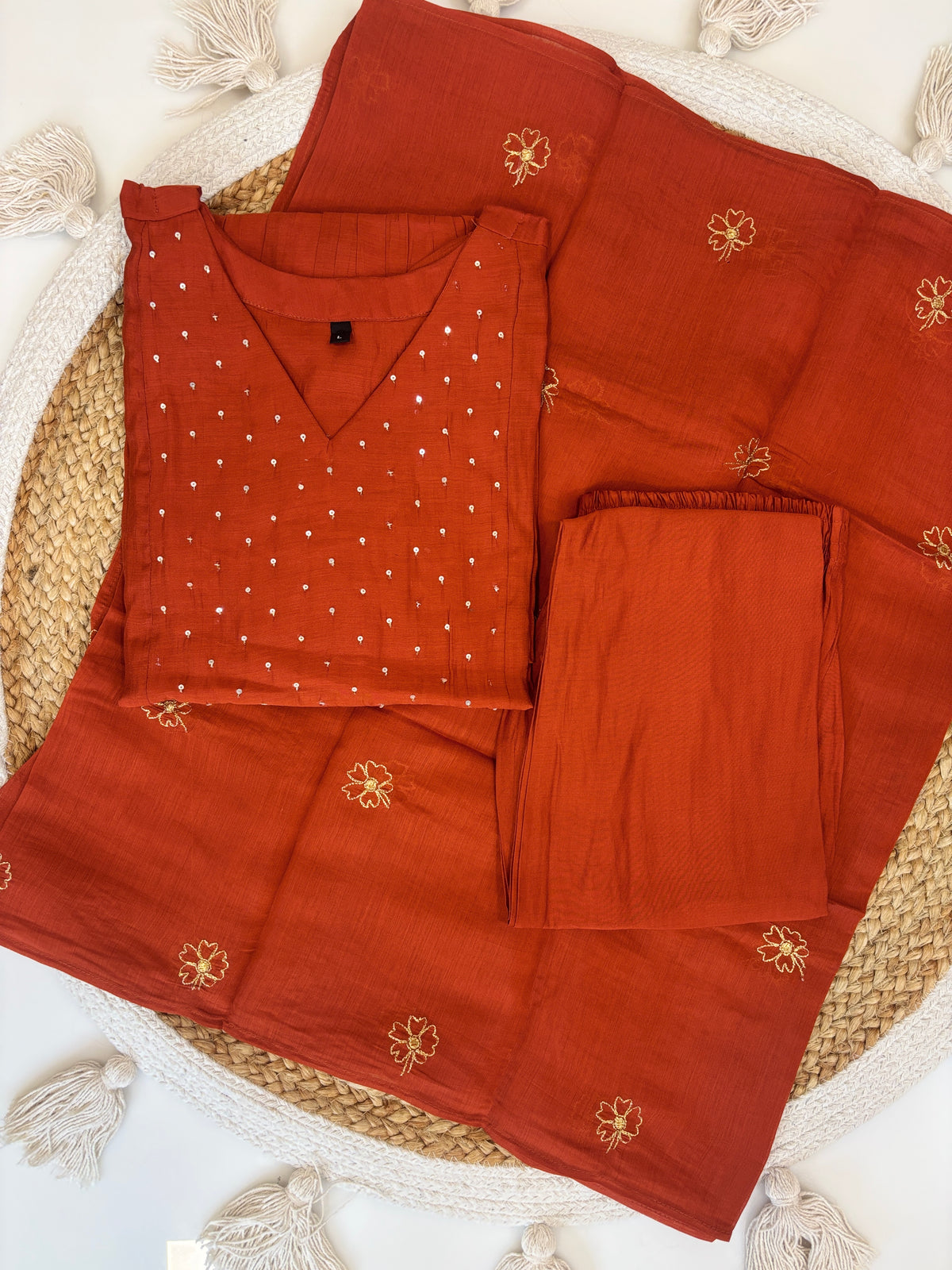 Rust Orange Floral Butti Mul Chanderi Silk 3-Piece Kurta Set