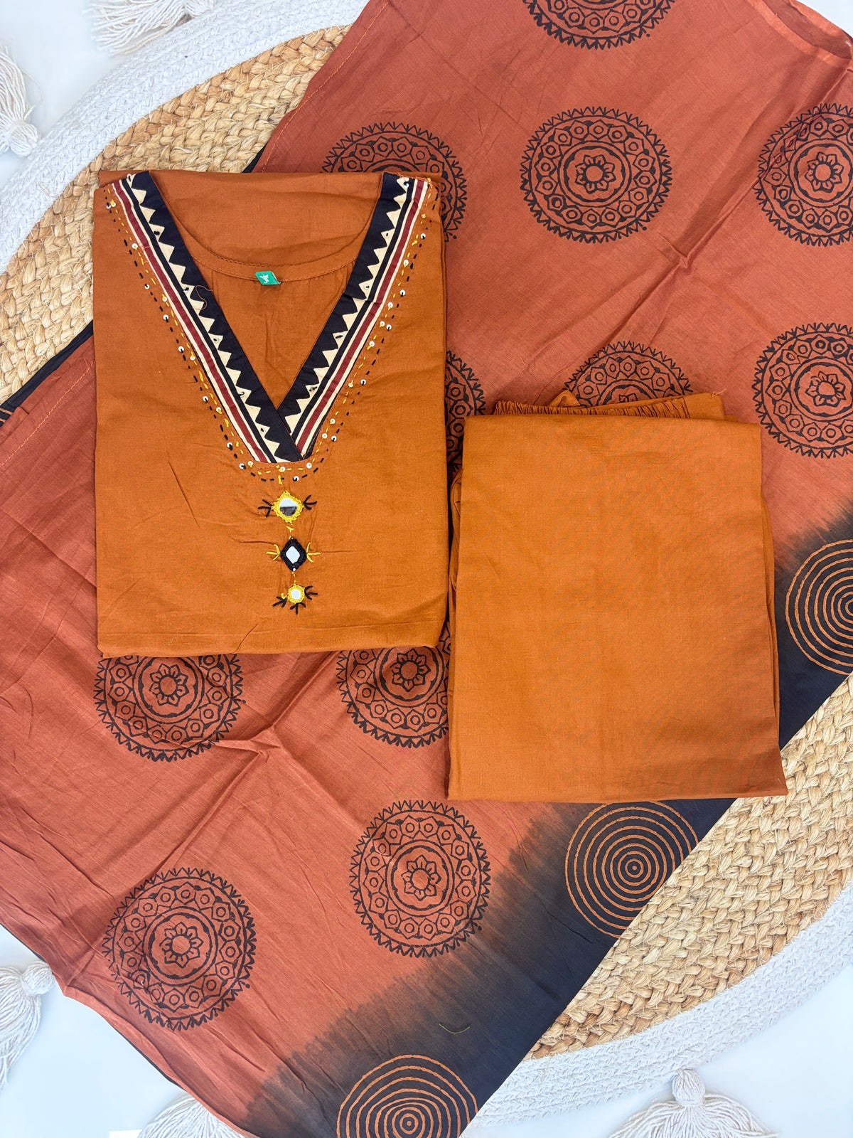 Rust Brown Geometric Spiral Print Mul Chanderi Cotton 3-Piece Kurta Set