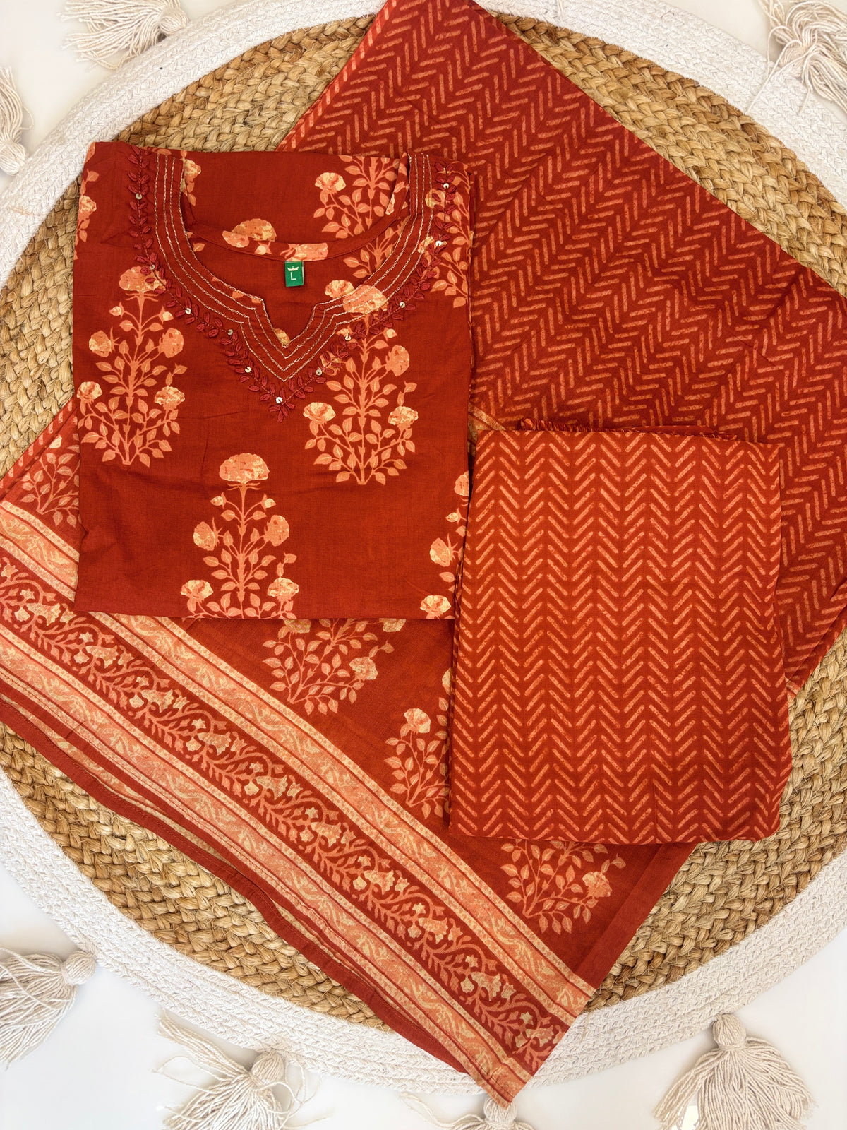 Brick Red Floral Butti Cotton 3-Piece Kurta Set