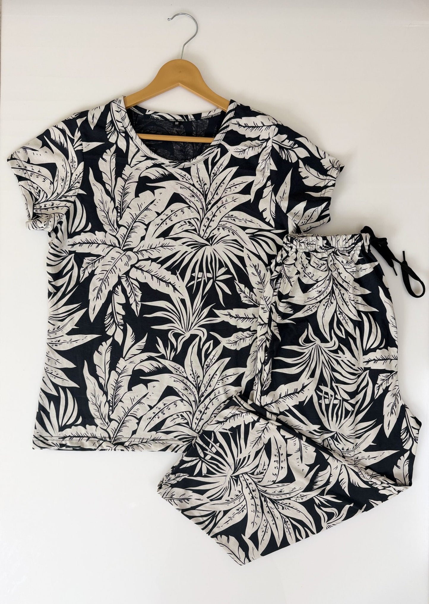 Black with Cream Tree Printed T-shirt and 3/4th Coords