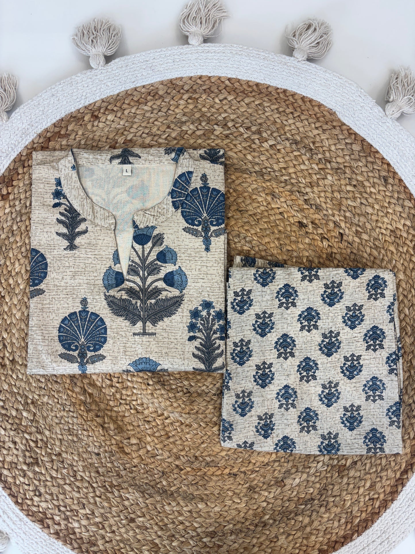 Beige & Navy Blue Floral Block Print Kurta Set