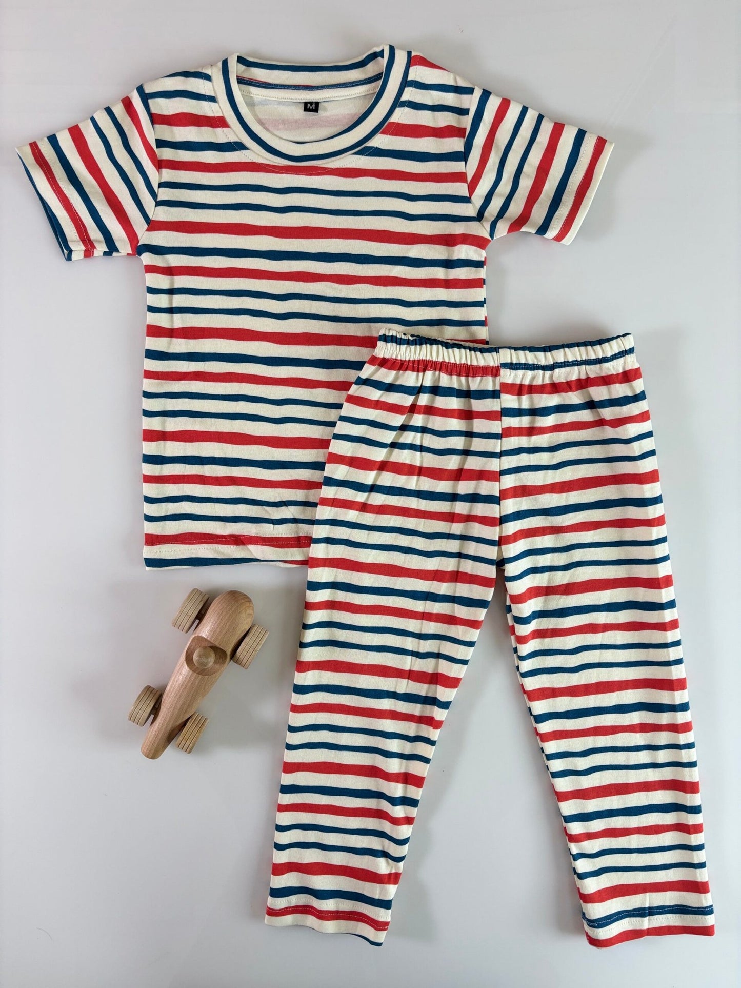 White Horizontal Stripes Printed Interlock T-Shirt and Pant Co-ords