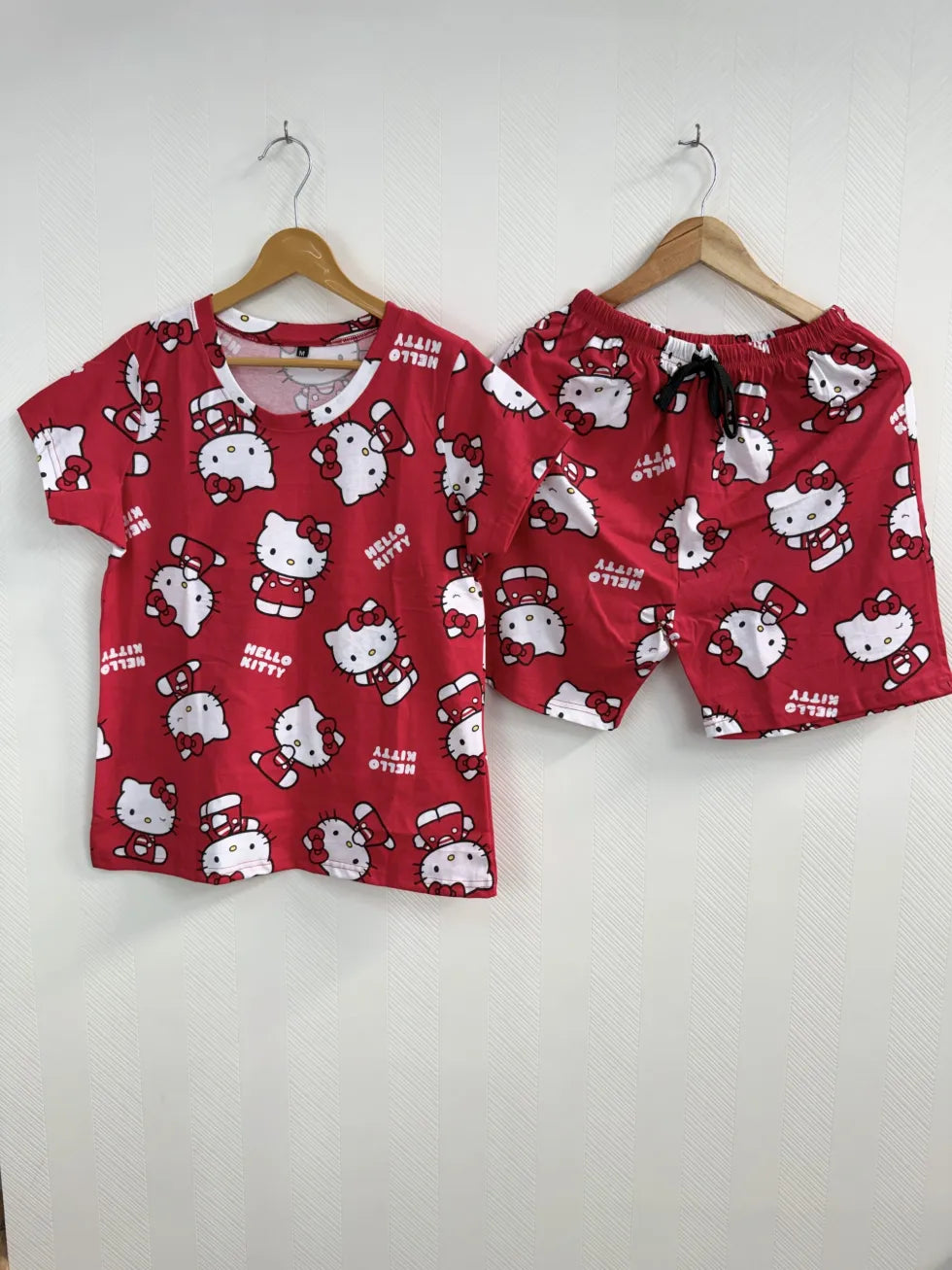Red Hello Kitty Cartoon Printed T-Shirt with Matching Shorts Set