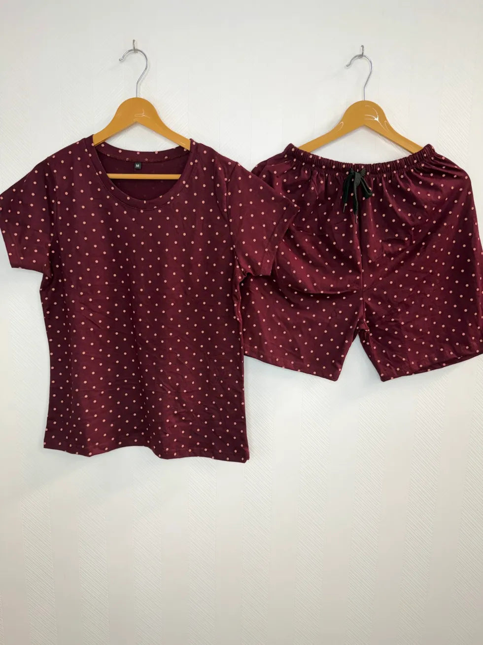 Maroon Polka Dot Print T-Shirt with Combo Shorts Set