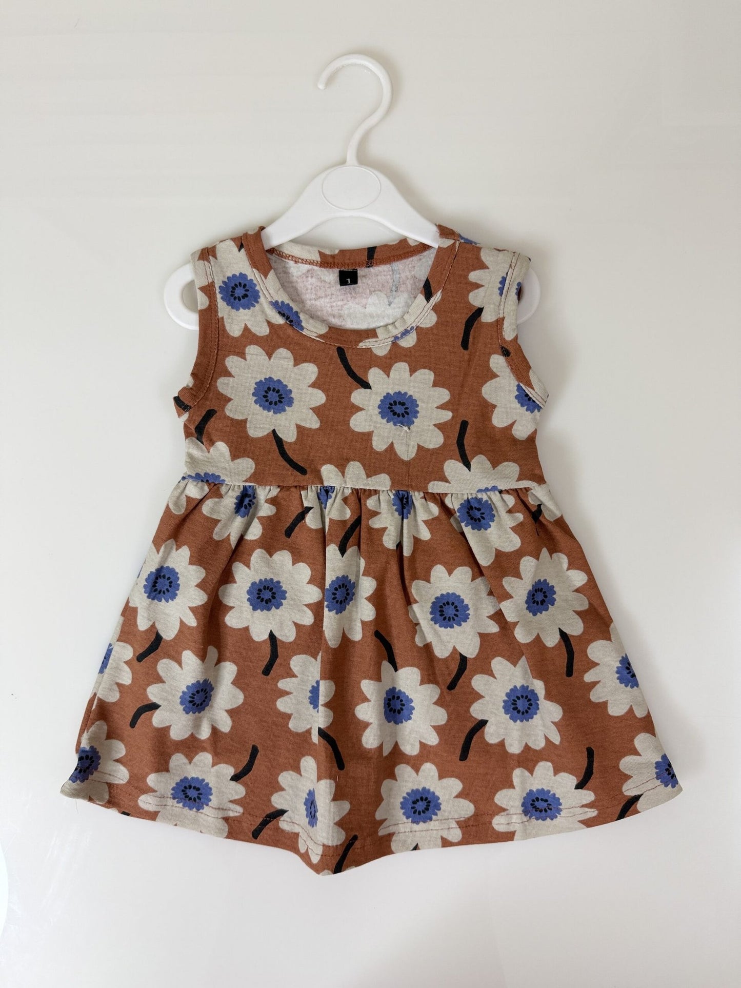 Rust Orange Floral Print Sleeveless Frock