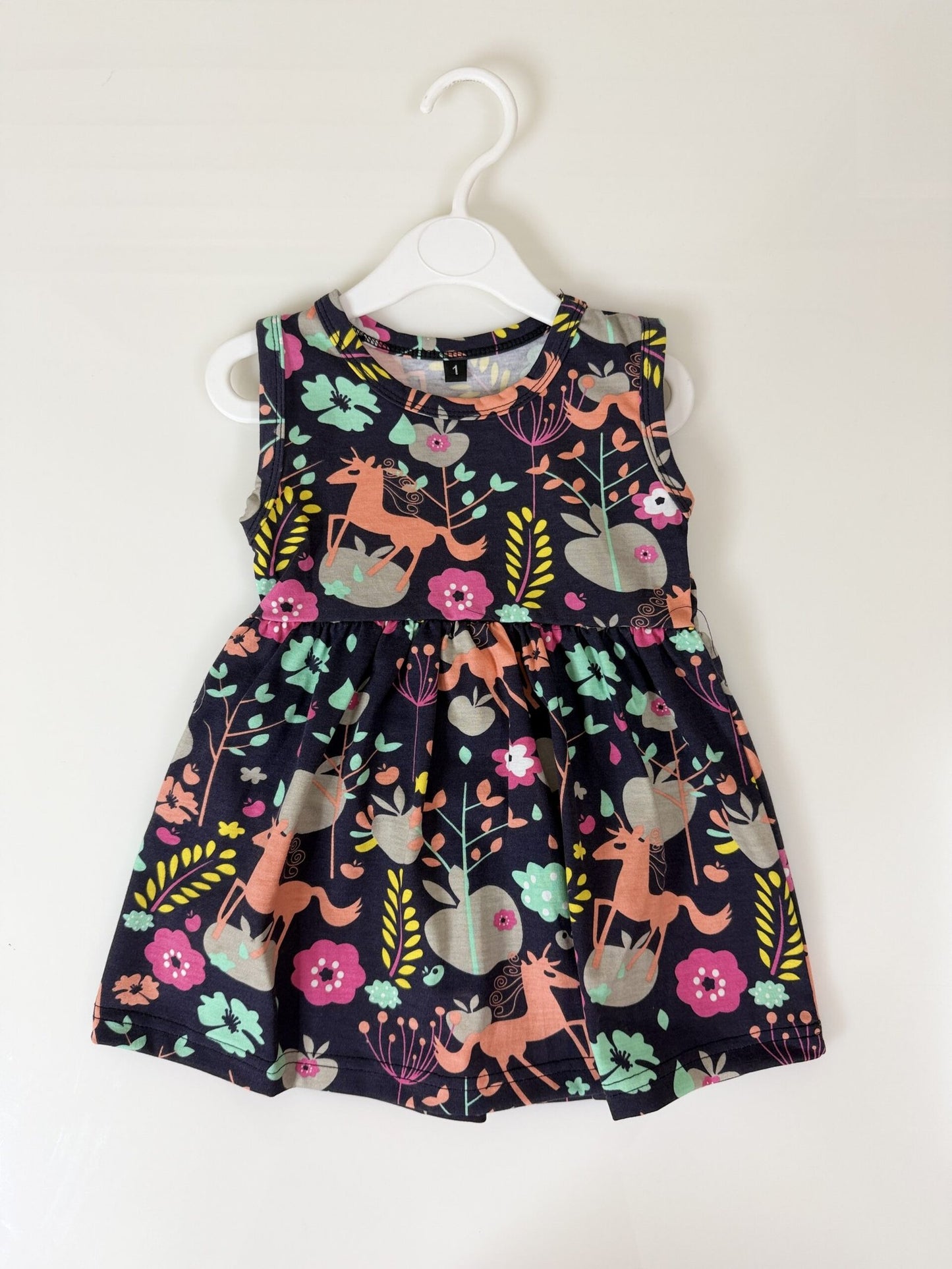 Navy Blue Unicorn Floral Print Sleeveless Frock