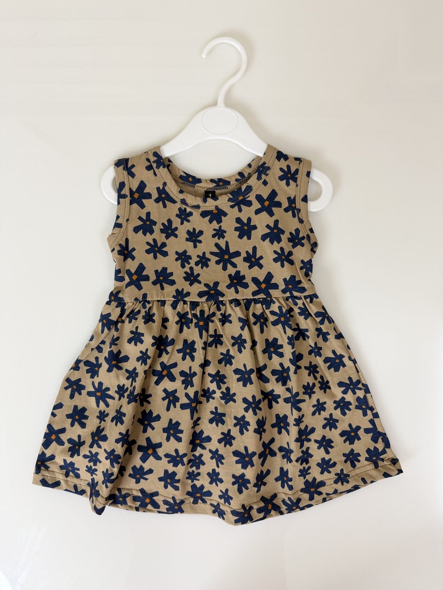 Beige Blue Floral Print Sleeveless Frock